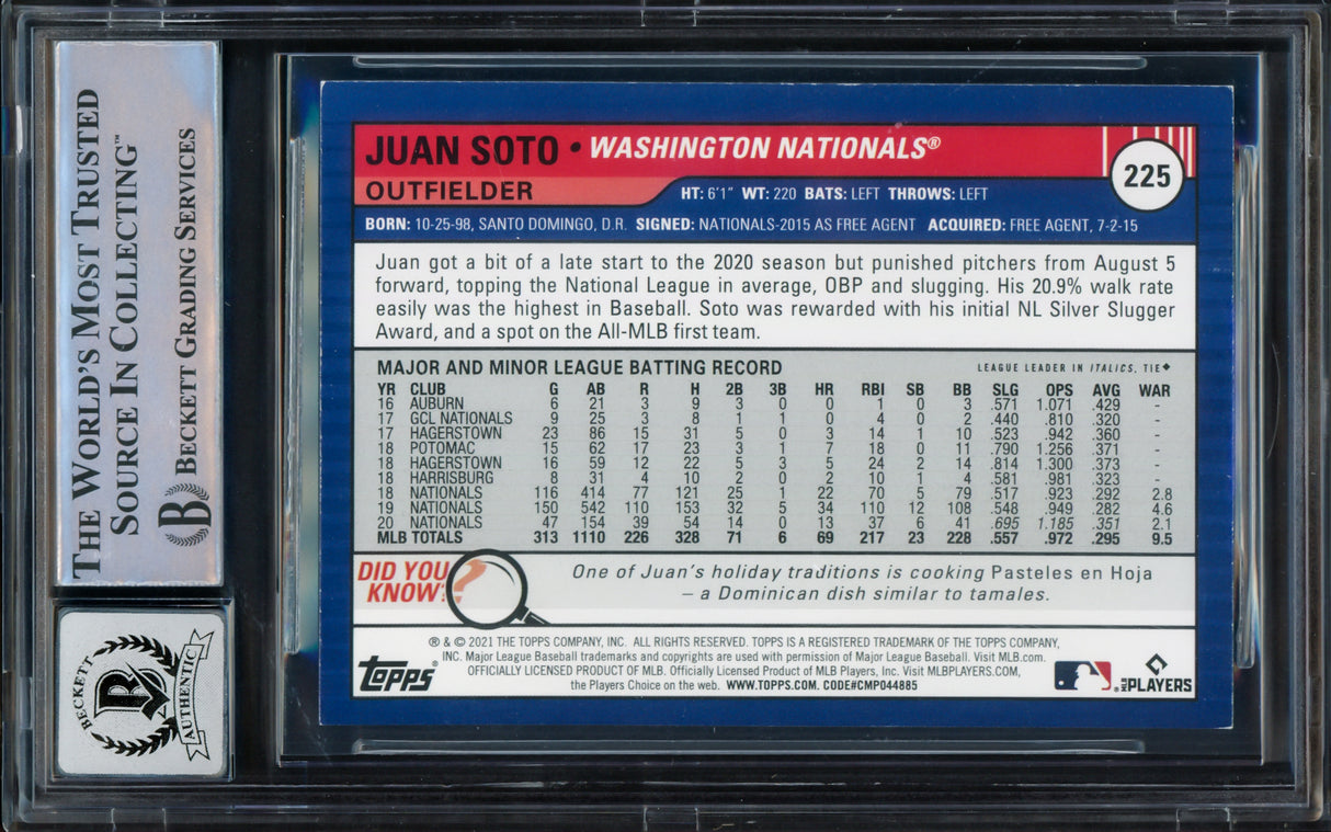 Juan Soto Autographed 2021 Topps Big League Card #225 New York Mets Auto Grade Gem Mint 10 Beckett BAS Stock #229021
