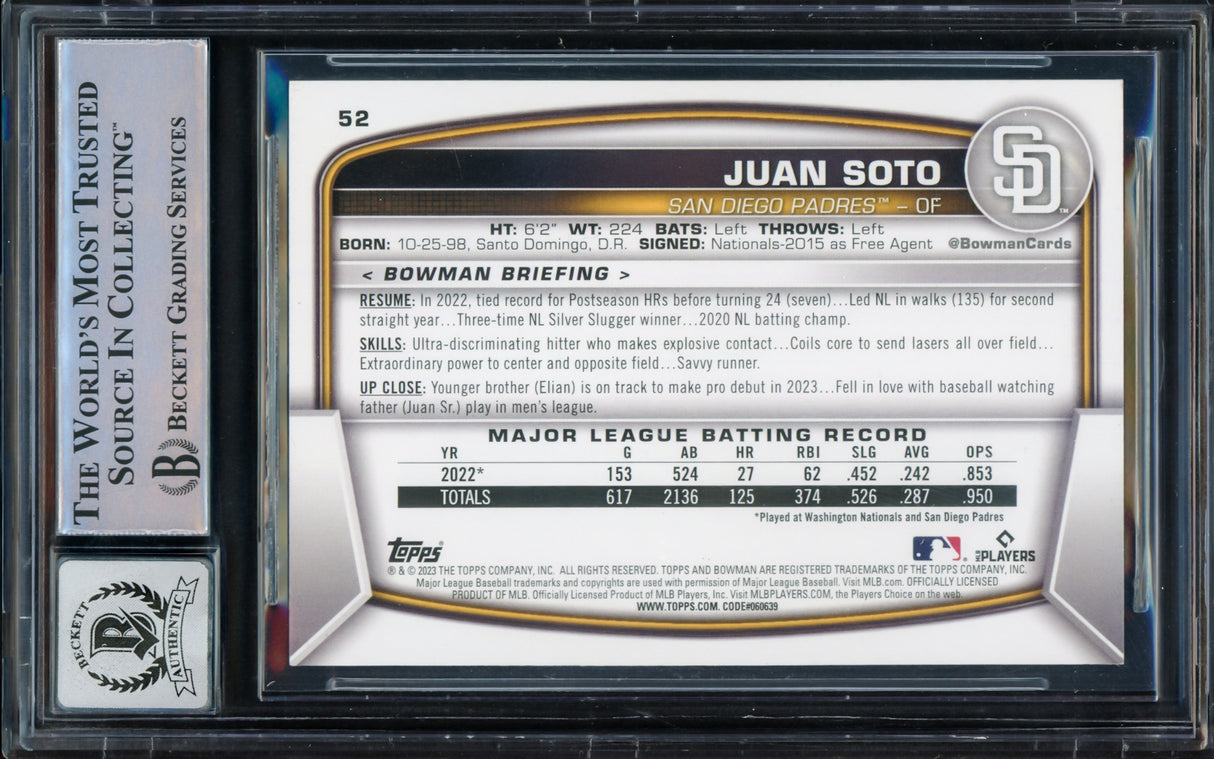 Juan Soto Autographed 2023 Bowman Card #52 New York Mets Auto Grade Gem Mint 10 Beckett BAS Stock #229025