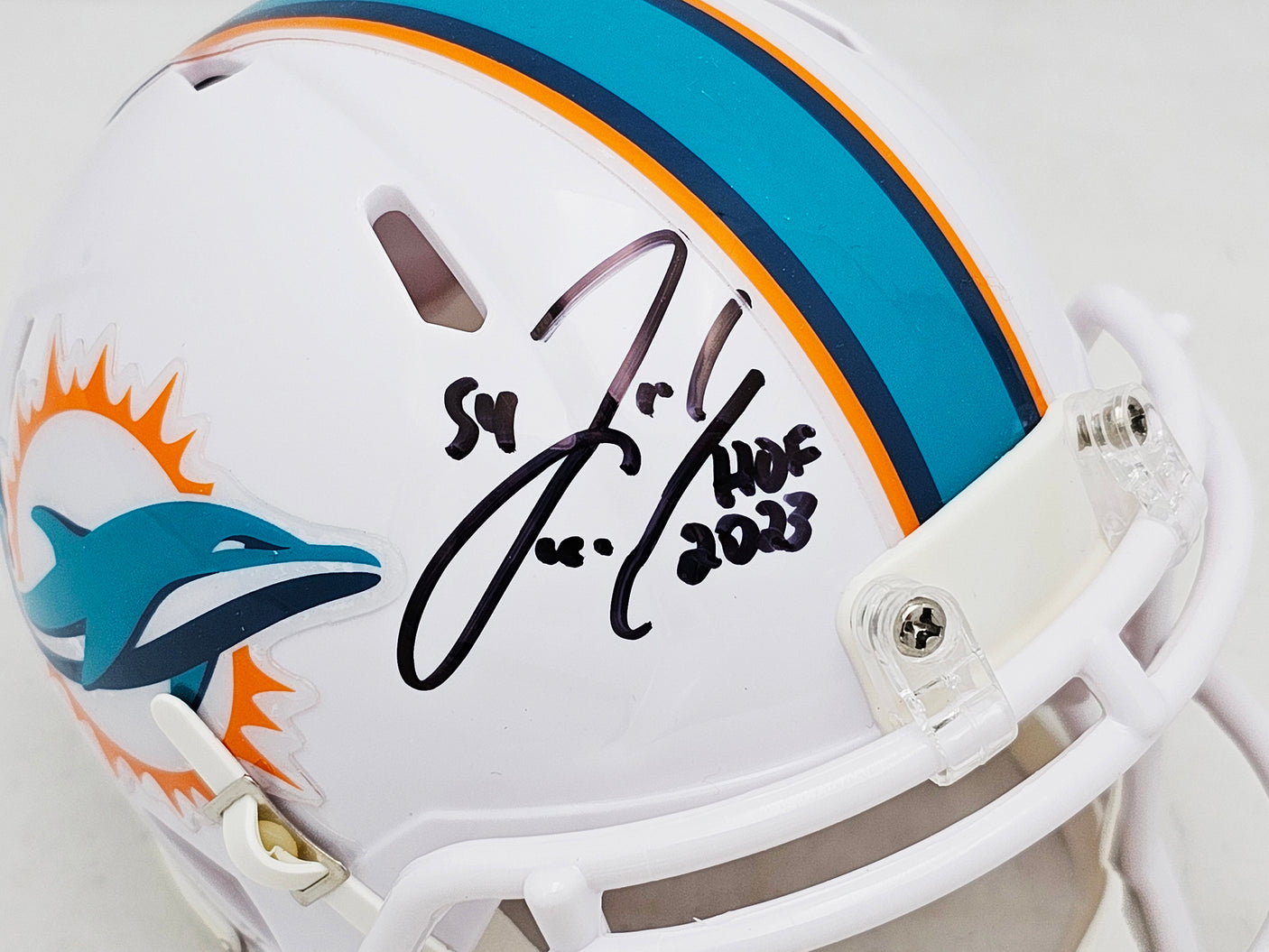Zach Thomas Autographed Miami Dolphins White Speed Mini Helmet "HOF 2023" Beckett BAS Witness Stock #215335
