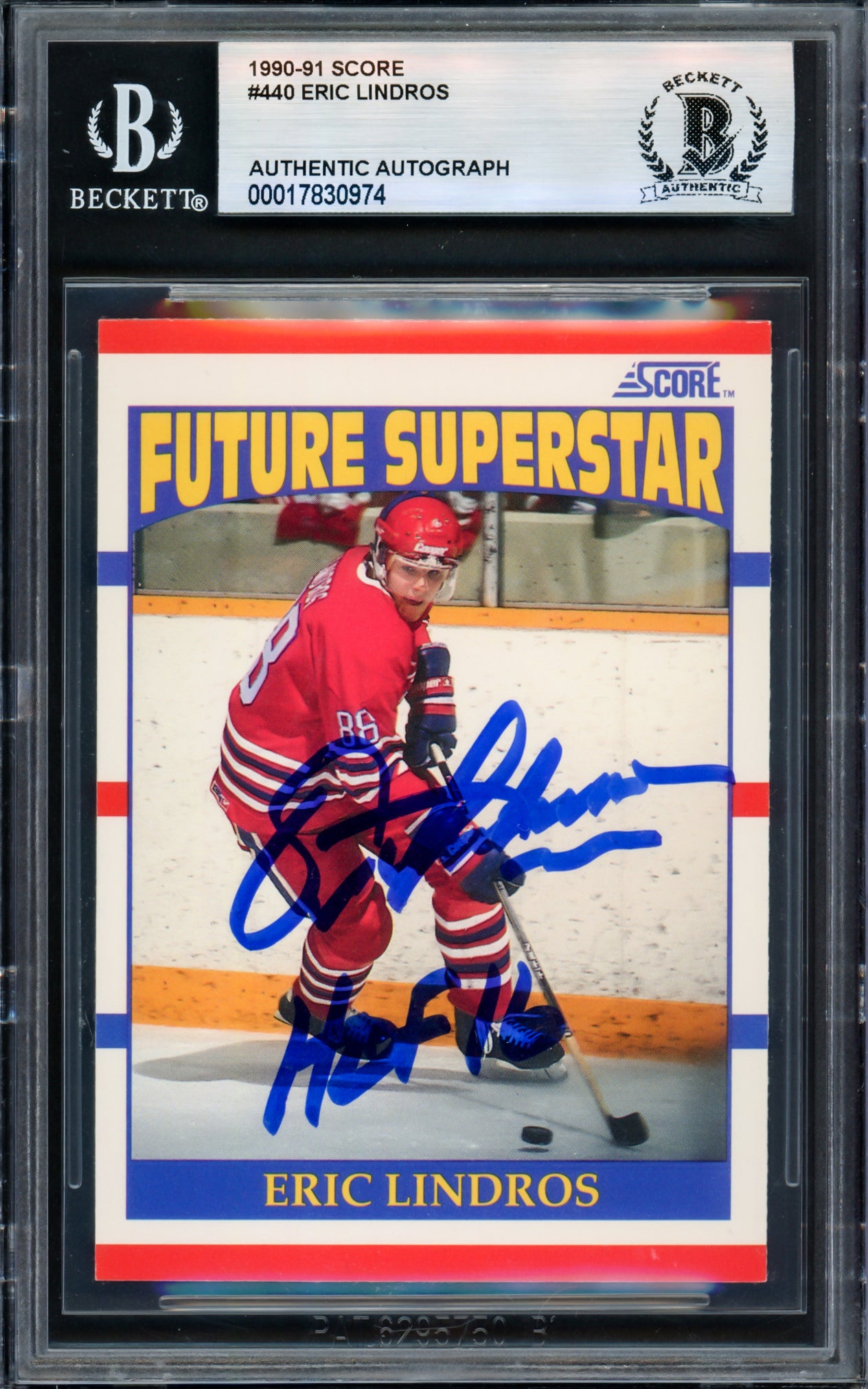 Eric Lindros Autographed 1990-91 Score Rookie Card #440 "HOF 16" Beckett BAS Stock #239929