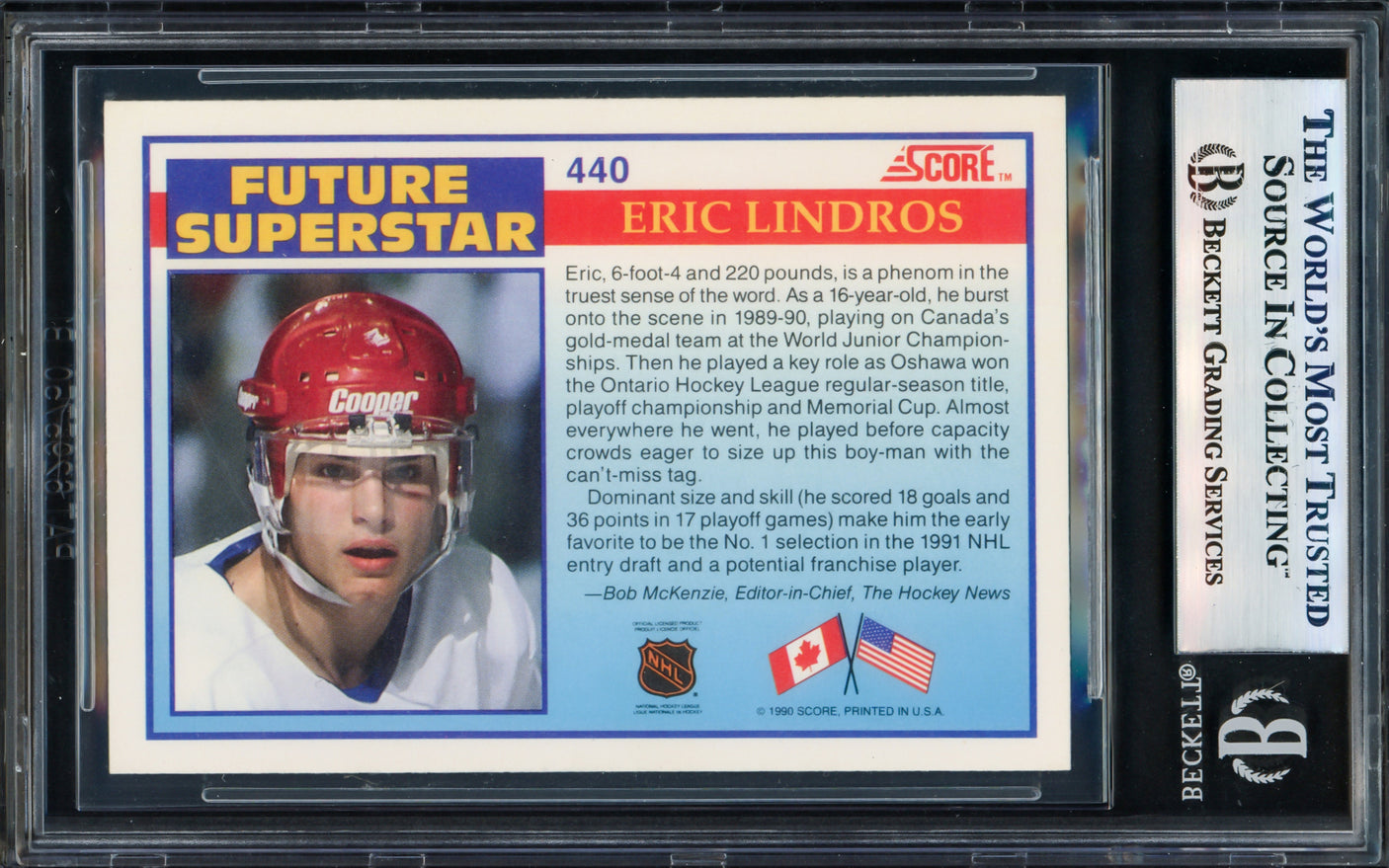 Eric Lindros Autographed 1990-91 Score Rookie Card #440 "HOF 16" Beckett BAS Stock #239929