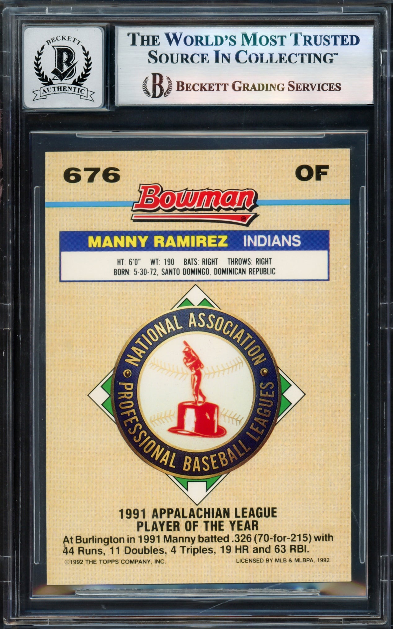 Manny Ramirez Autographed 1992 Bowman Gold Foil Rookie Card #676 Cleveland Indians Auto Grade Gem Mint 10 Beckett BAS Stock #239942