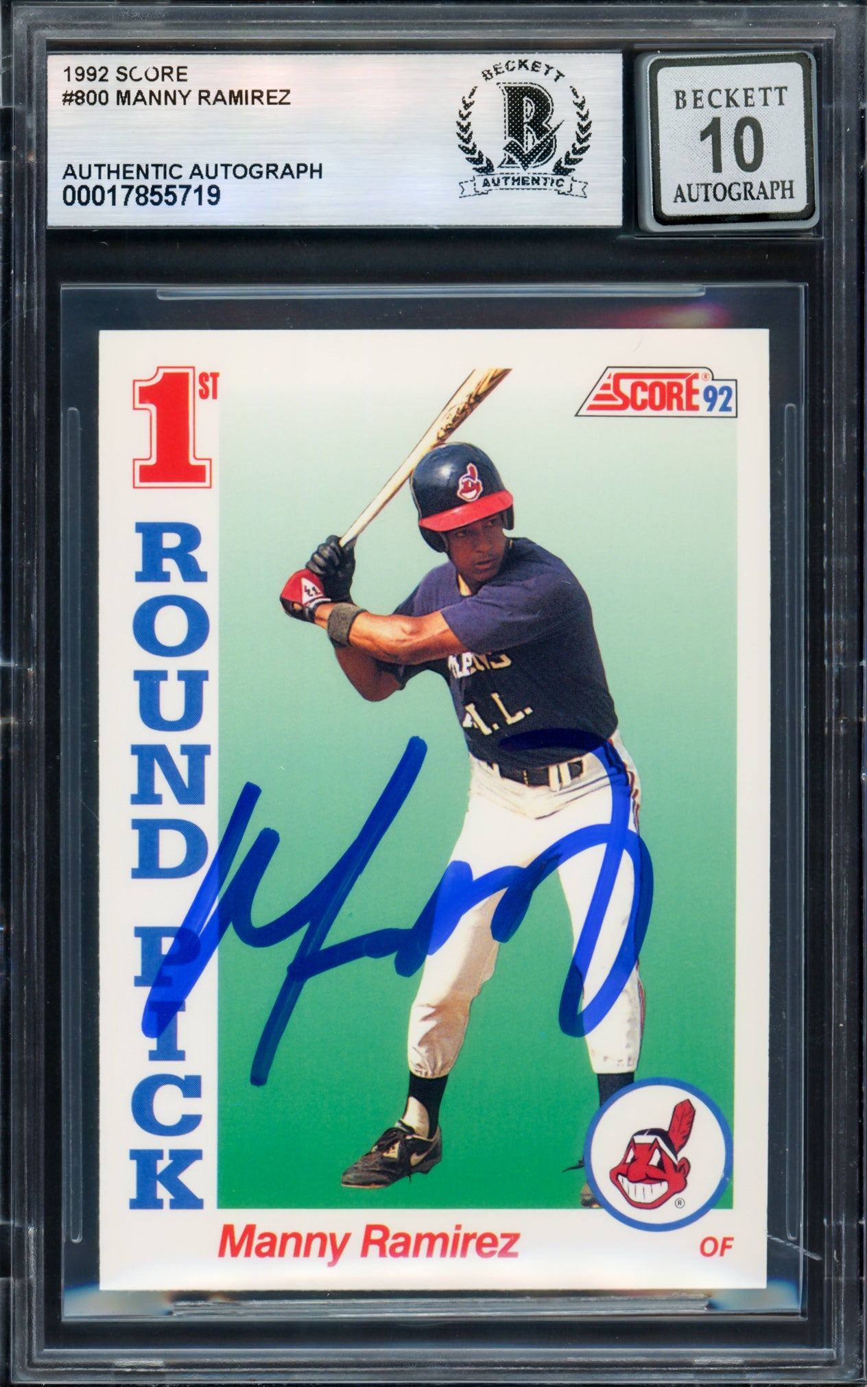 Manny Ramirez Autographed 1992 Score Rookie Card #800 Cleveland Indians Auto Grade Gem Mint 10 Beckett BAS Stock #239945