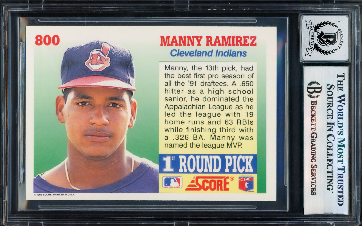 Manny Ramirez Autographed 1992 Score Rookie Card #800 Cleveland Indians Auto Grade Gem Mint 10 Beckett BAS Stock #239945