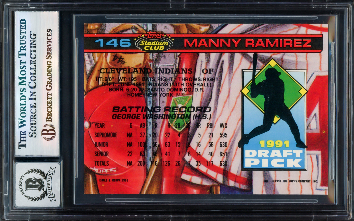 Manny Ramirez Autographed 1992 Stadium Club SE Skydome Rookie Card #146 Cleveland Indians Auto Grade Gem Mint 10 Beckett BAS Stock #239946