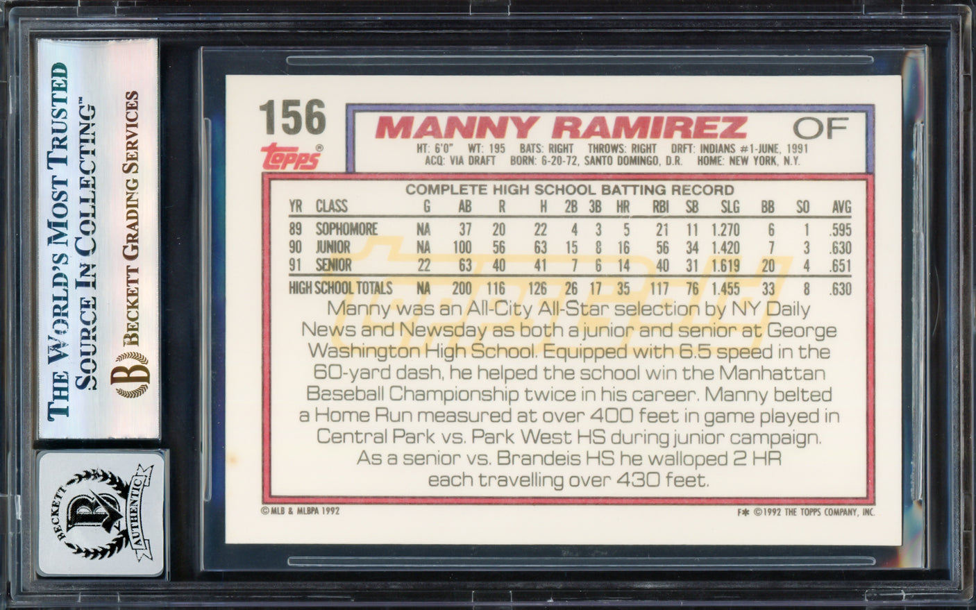 Manny Ramirez Autographed 1992 Topps Gold Winners Rookie Card #156 Cleveland Indians Auto Grade Gem Mint 10 Beckett BAS Stock #239947