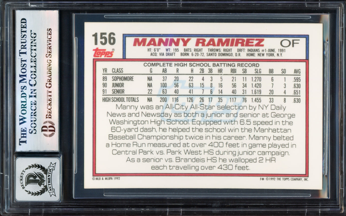 Manny Ramirez Autographed 1992 Topps Rookie Card #156 Cleveland Indians Auto Grade Gem Mint 10 Beckett BAS Stock #239948