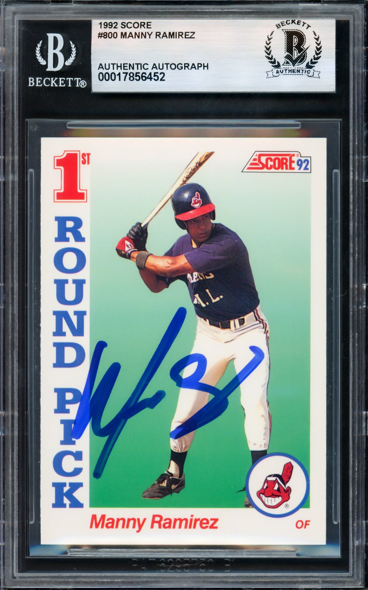 Manny Ramirez Autographed 1992 Score Rookie Card #800 Cleveland Indians Beckett BAS Stock #239950
