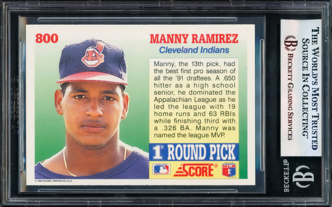 Manny Ramirez Autographed 1992 Score Rookie Card #800 Cleveland Indians Beckett BAS Stock #239950