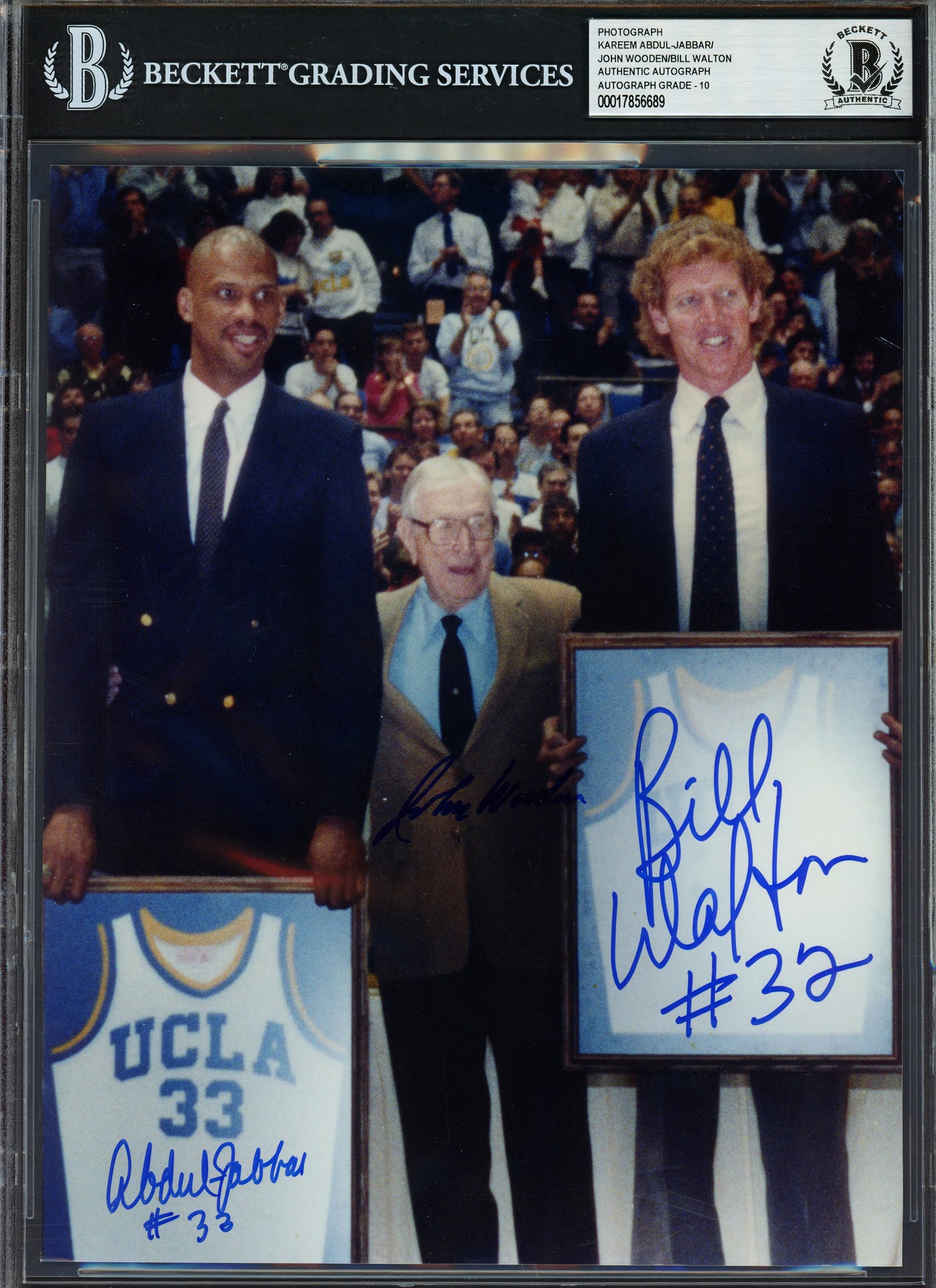 Kareem Abdul Jabbar, John Wooden & Bill Walton Autographed 8x10 Photo UCLA Bruins Auto Grade Gem Mint 10 Beckett BAS Stock #239955