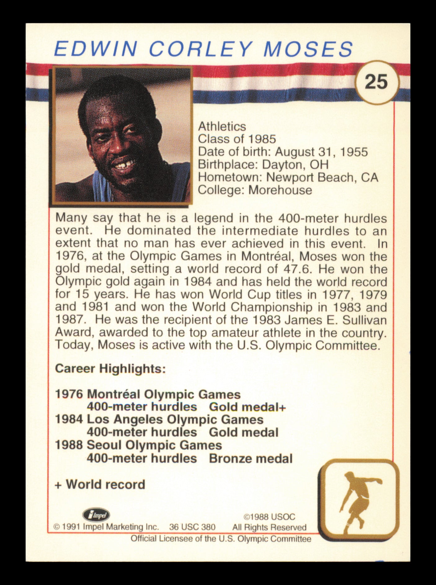 Edwin Moses Autographed 1991 Impel U.S. Olympics Card #25 SKU #240710