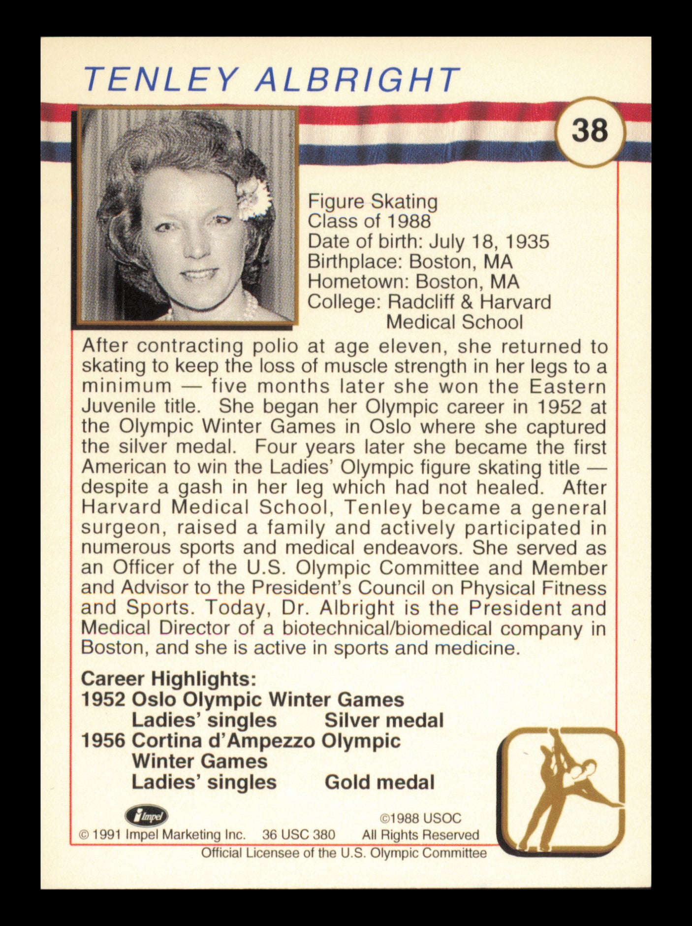 Tenley Albright Autographed 1991 Impel U.S. Olympics Card #38 "Hello Willis" SKU #240719
