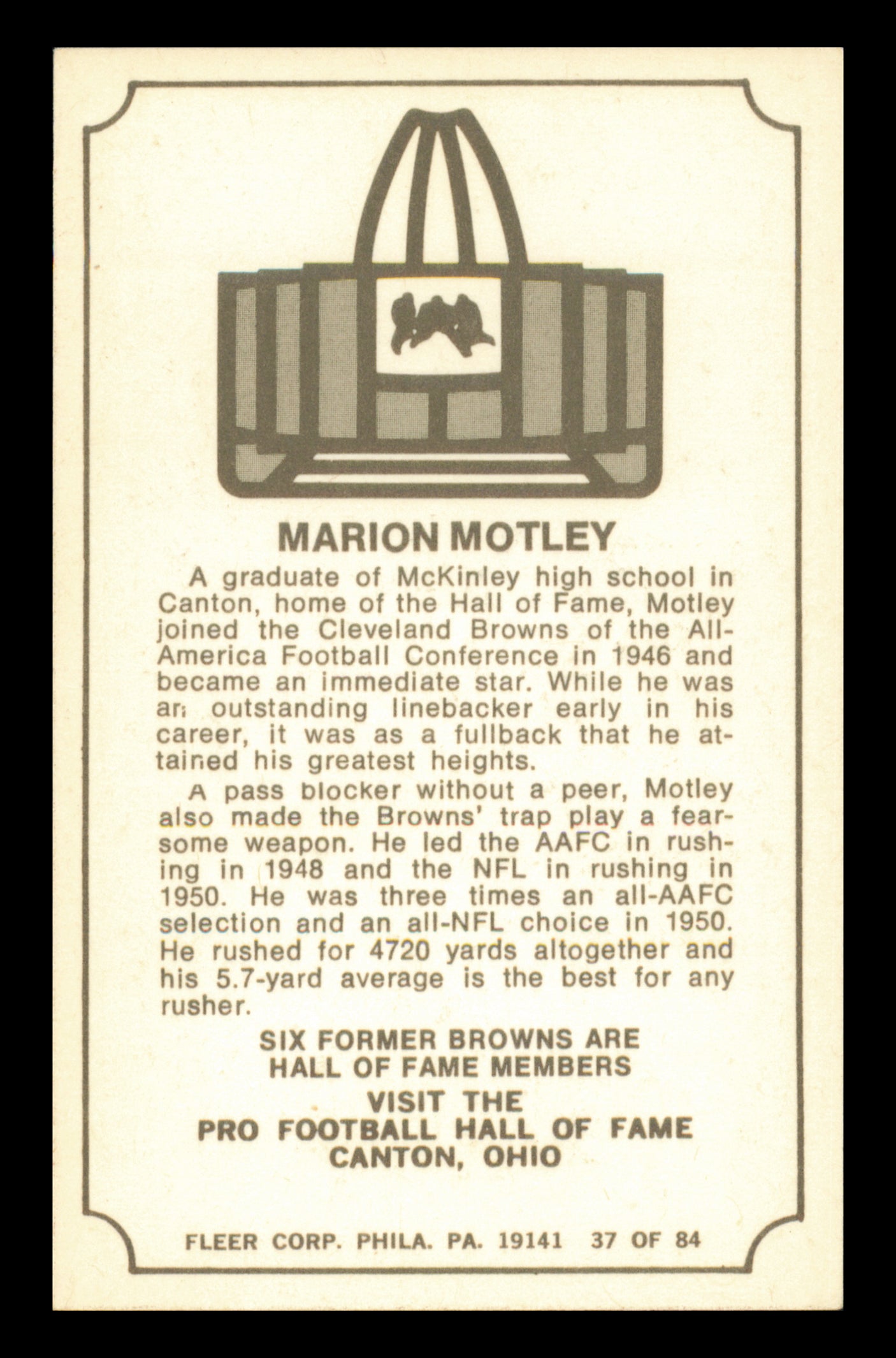 Marion Motley Autographed 1975 Fleer Card #37 Cleveland Browns SKU #240922