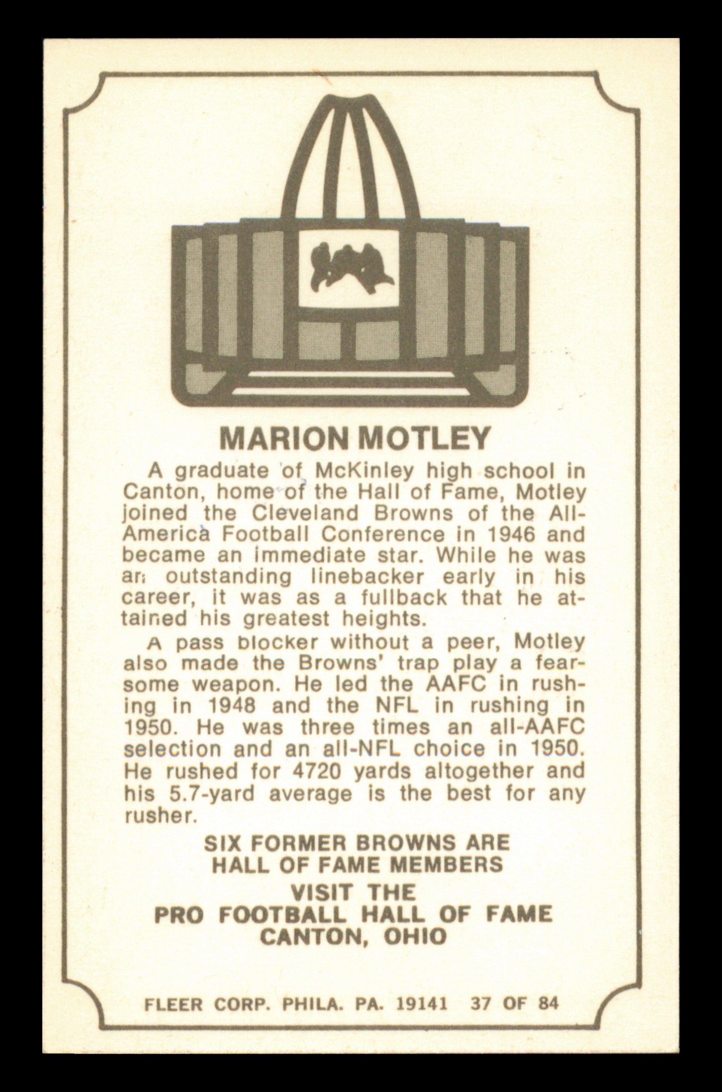 Marion Motley Autographed 1975 Fleer Card #37 Cleveland Browns SKU #240923