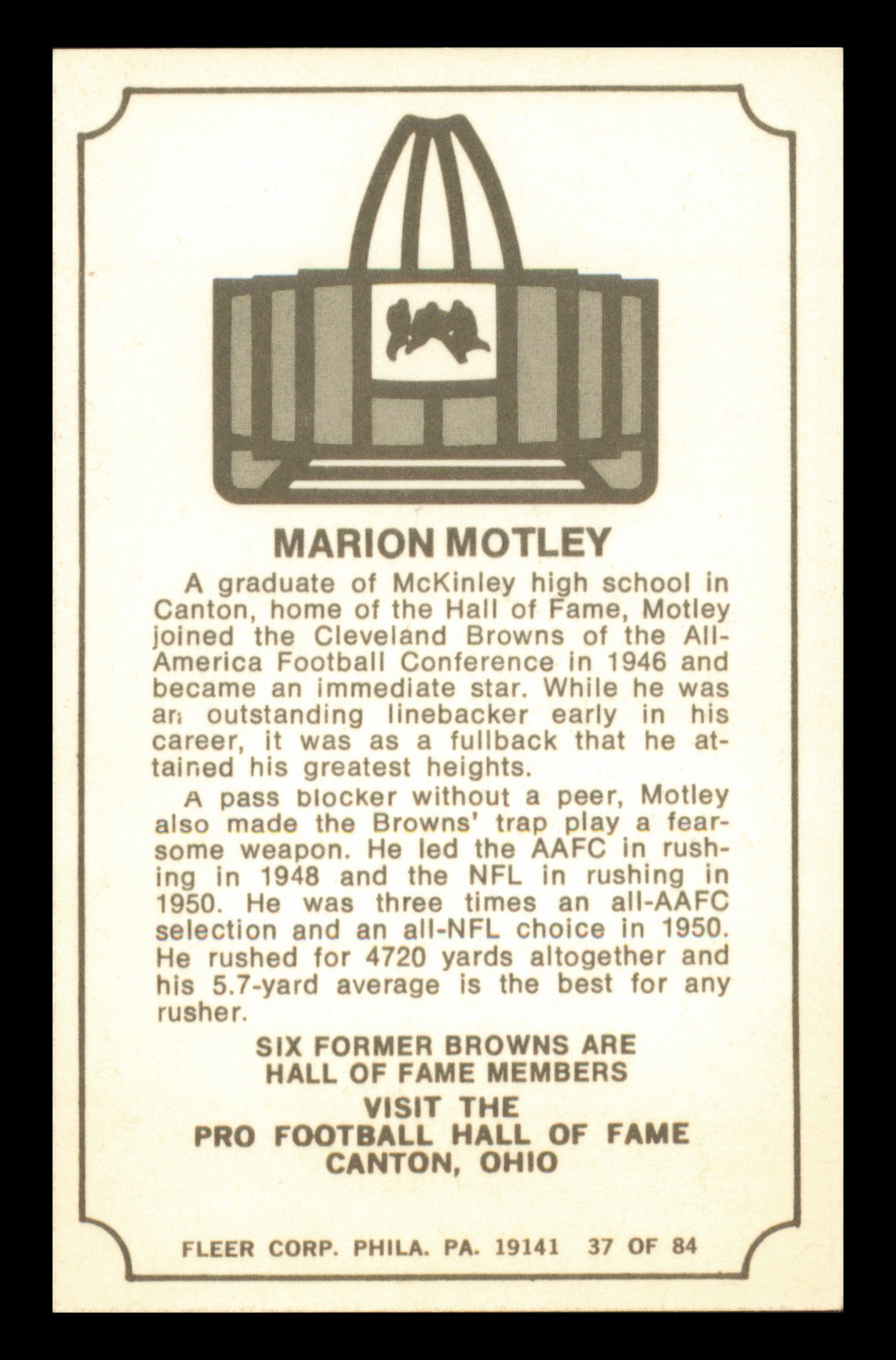 Marion Motley Autographed 1975 Fleer Card #37 Cleveland Browns SKU #240924