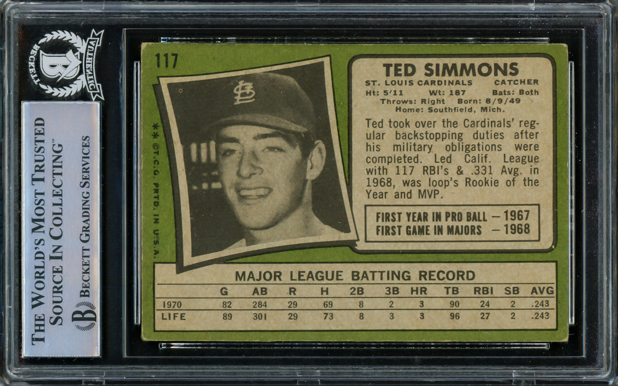 Ted Simmons Autographed 1971 Topps Rookie Card #117 St. Louis Cardinals Beckett BAS #14862579