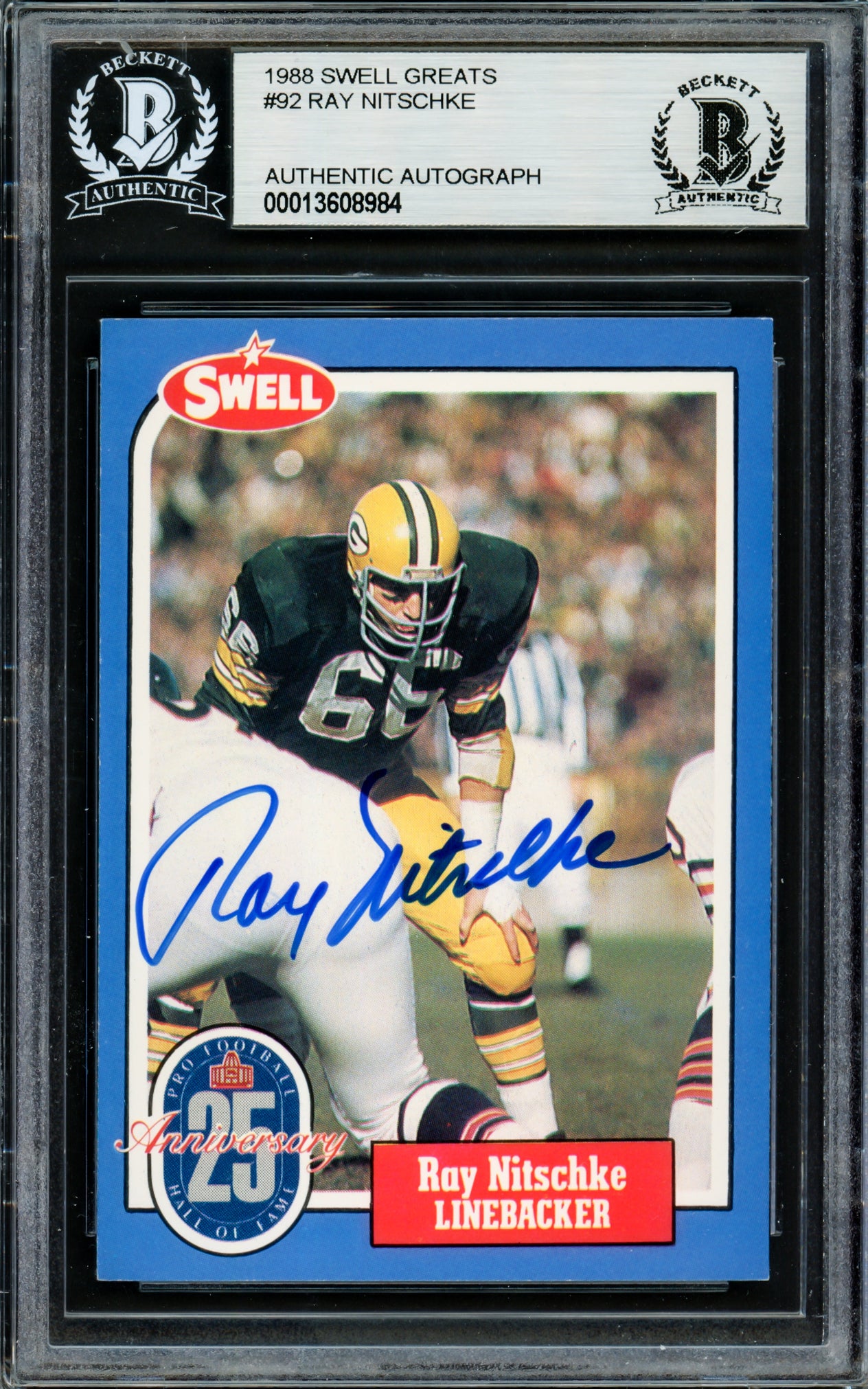 Ray Nitschke Autographed 1988 Swell Greats Card #92 Green Bay Packers Beckett BAS #13608984