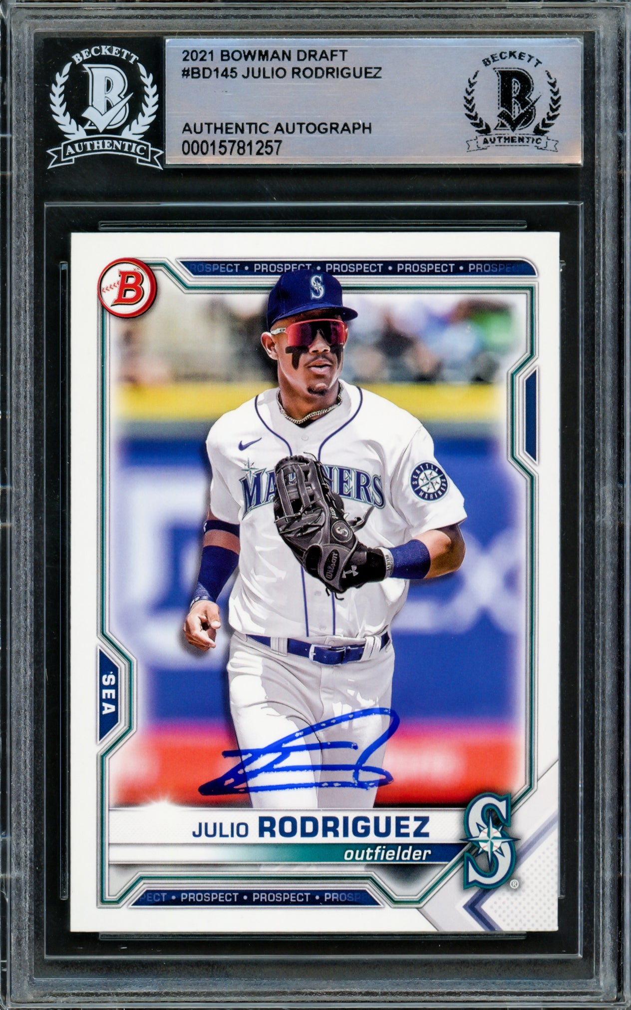 Julio Rodriguez Autographed 2021 Bowman Draft Rookie Card #BD145 Seattle Mariners Beckett BAS #15781257