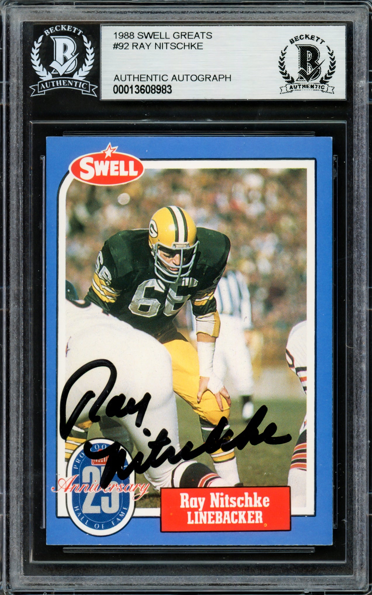 Ray Nitschke Autographed 1988 Swell Greats Card #92 Green Bay Packers Beckett BAS #13608983