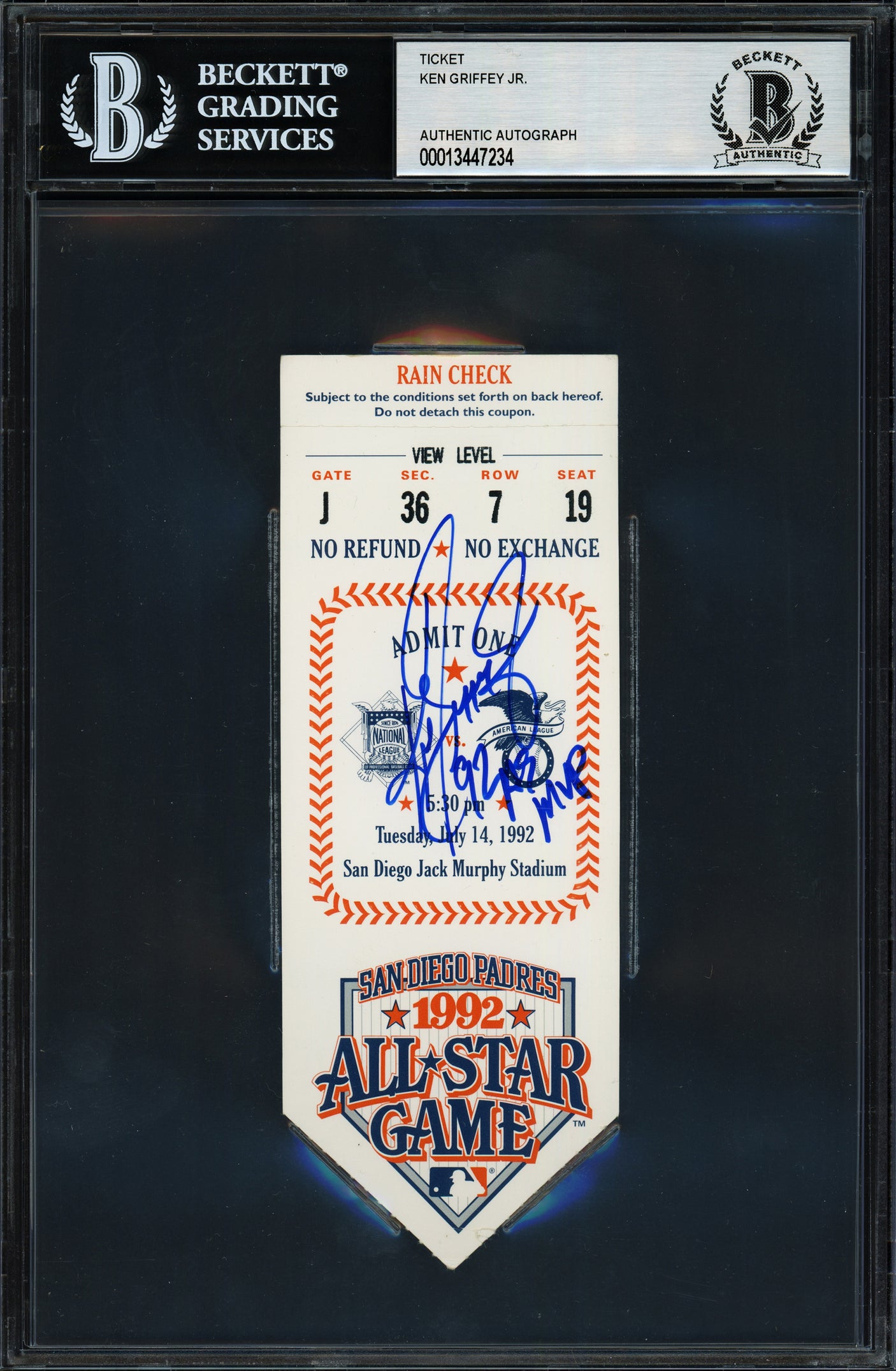 Ken Griffey Jr. Autographed 1992 All Star Game Ticket Seattle Mariners "92 AS MVP" Beckett BAS #13447234