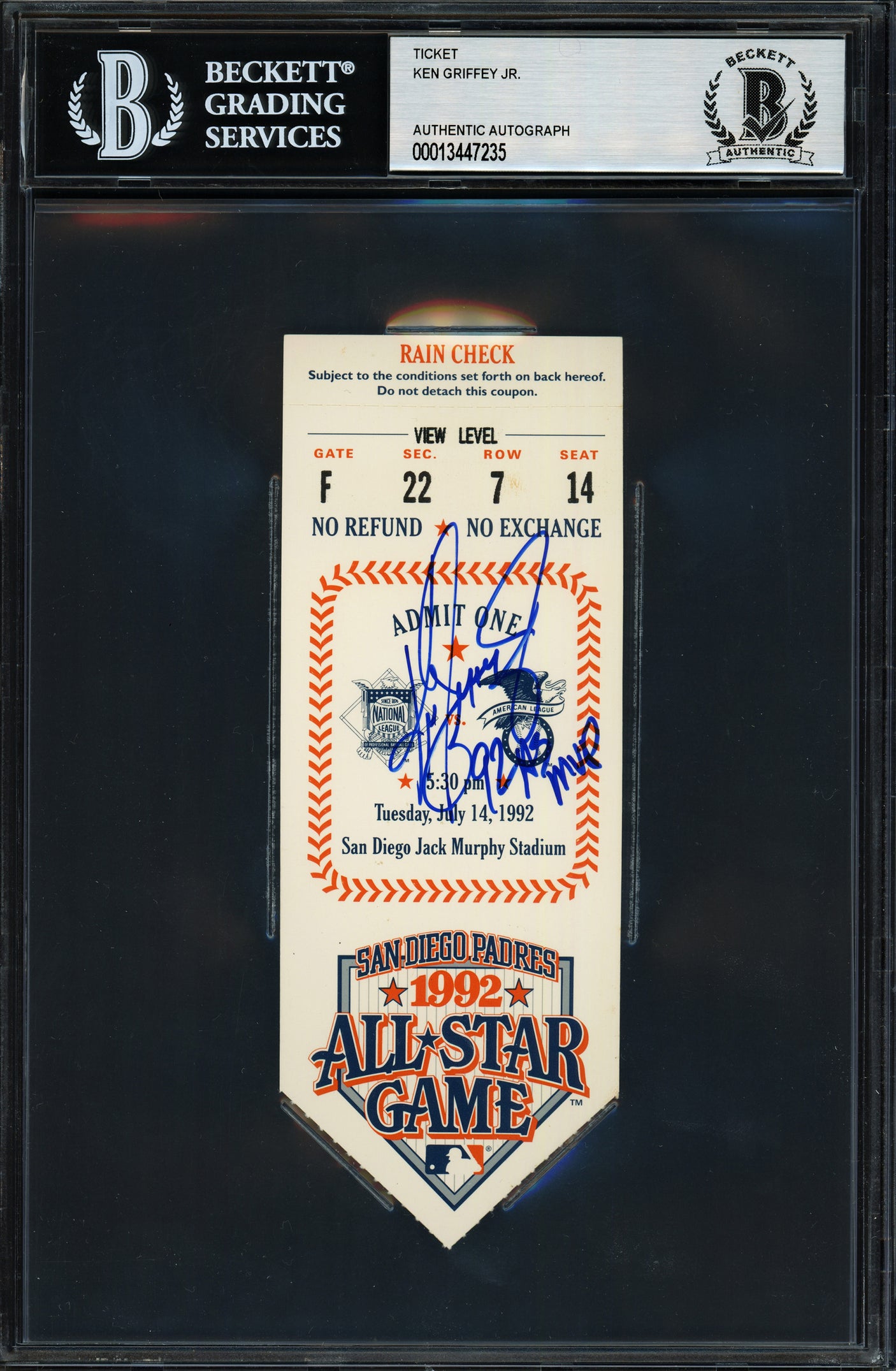 Ken Griffey Jr. Autographed 1992 All Star Game Ticket Seattle Mariners "92 AS MVP" Beckett BAS #13447235