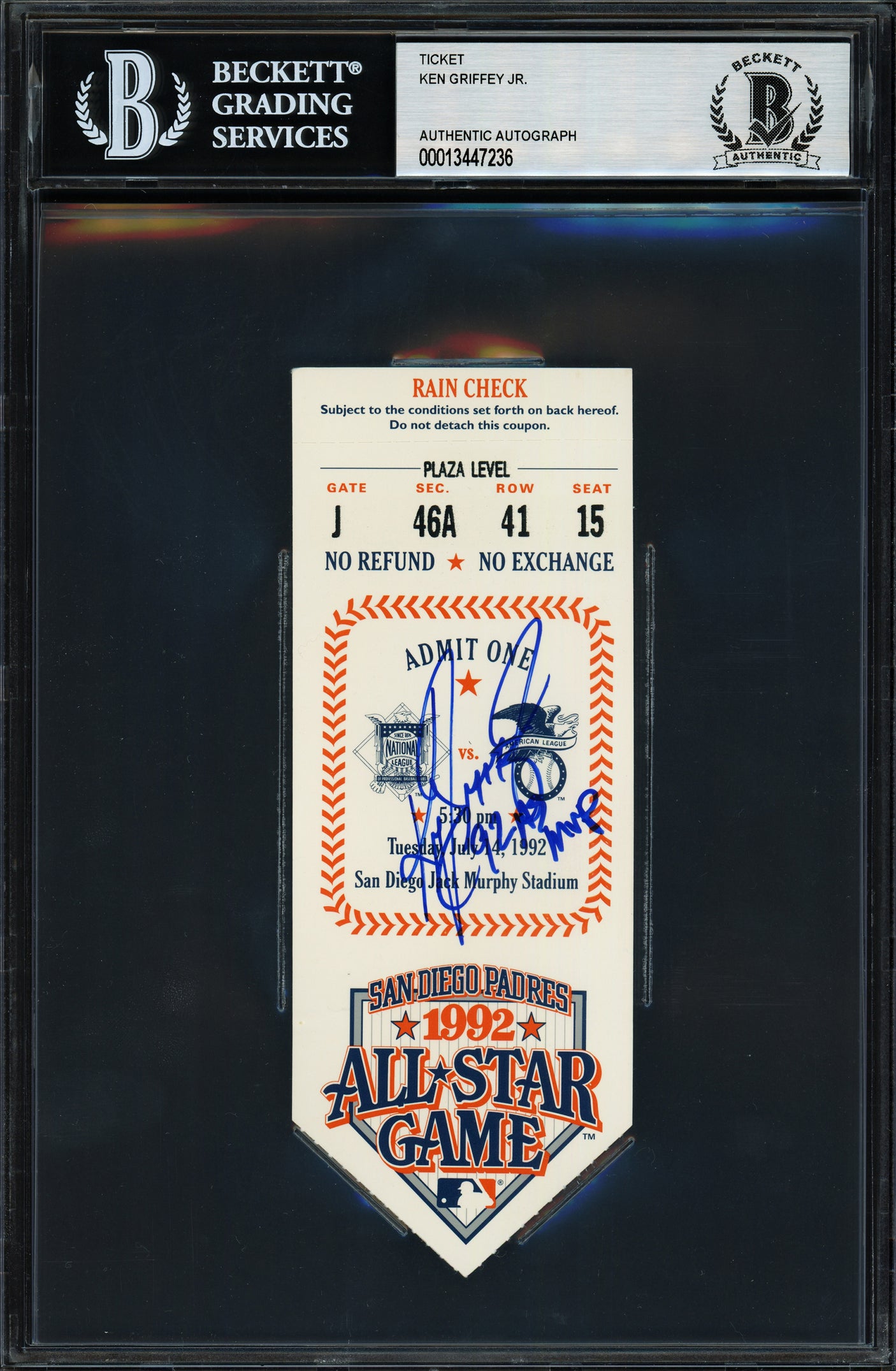 Ken Griffey Jr. Autographed 1992 All Star Game Ticket Seattle Mariners "92 AS MVP" Beckett BAS #13447236