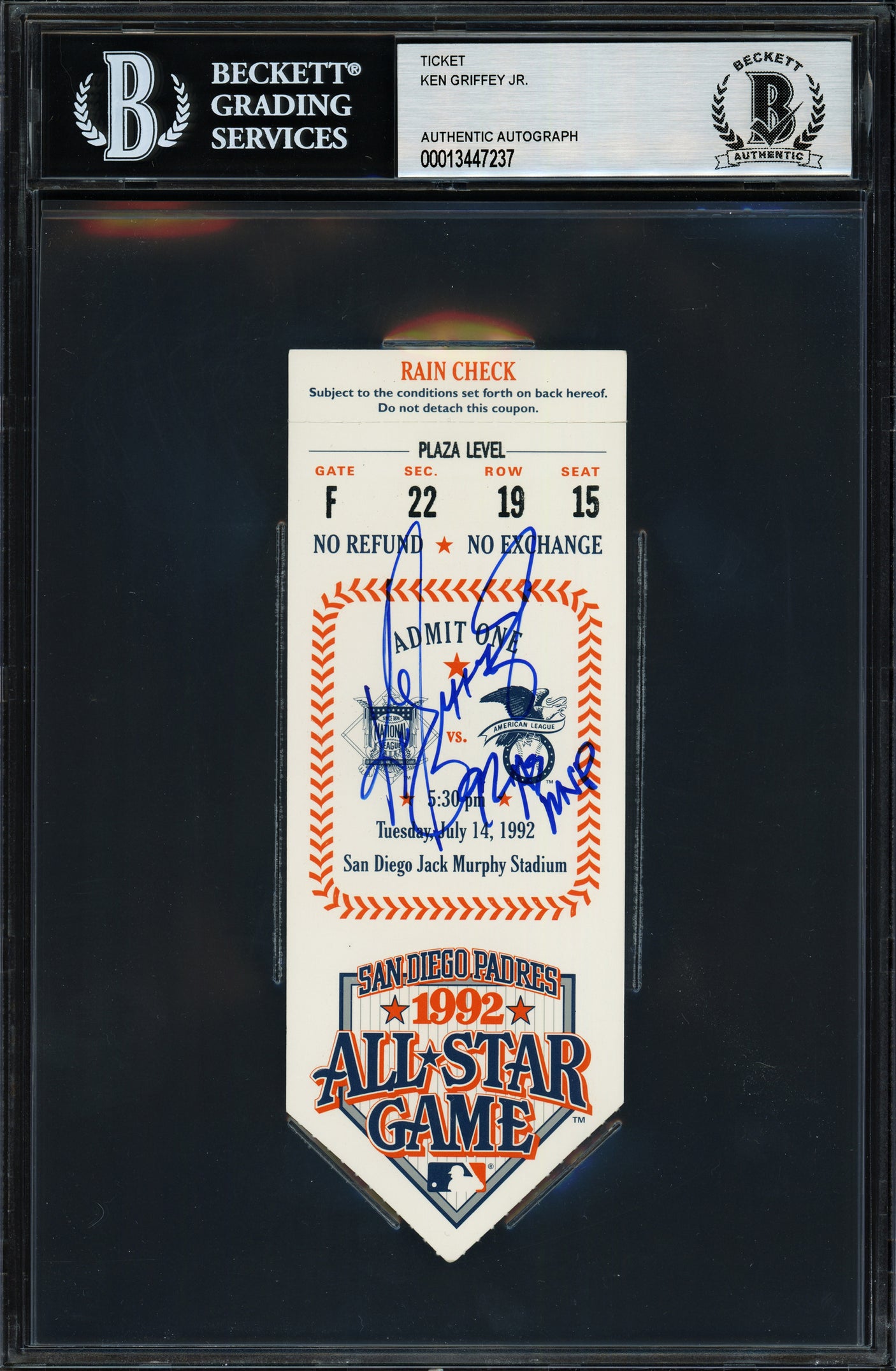 Ken Griffey Jr. Autographed 1992 All Star Game Ticket Seattle Mariners "92 AS MVP" Beckett BAS #13447237