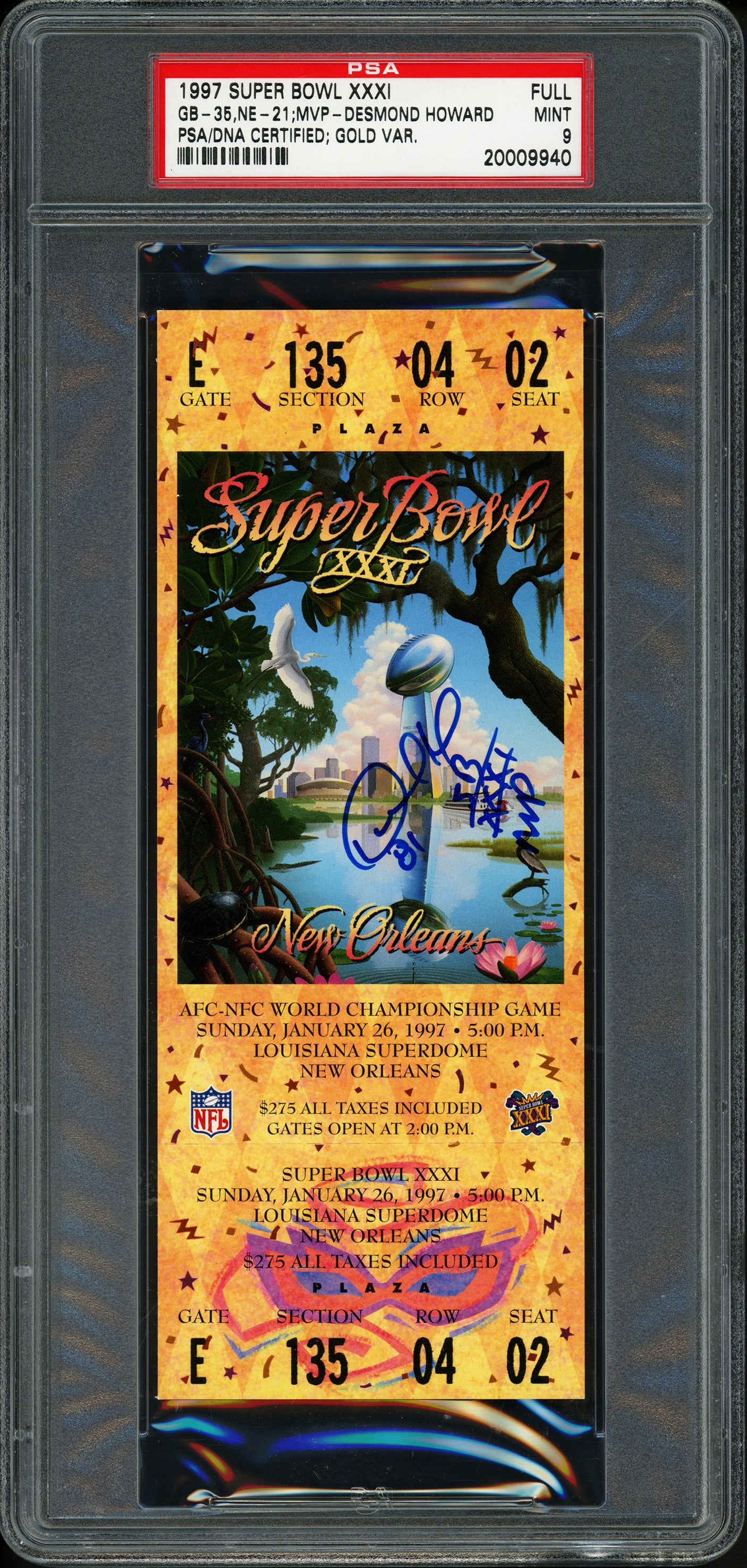 Desmond Howard Autographed 1997 Super Bowl Ticket Gold Variation Green Bay Packers PSA 9 "SB XXXI MVP" PSA/DNA #20009940