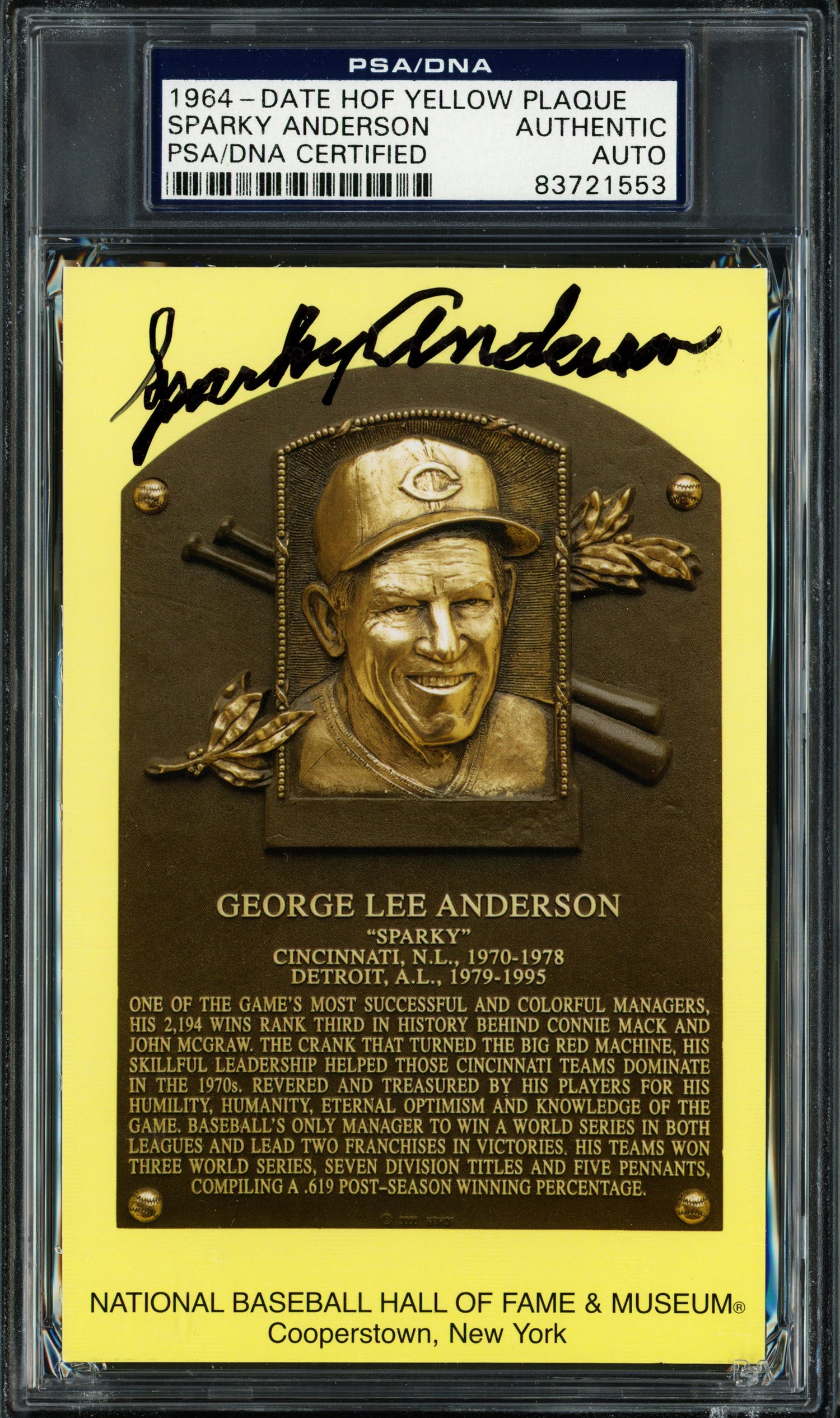 Sparky Anderson Autographed Hall of Fame HOF Plaque Postcard Cincinnati Reds PSA/DNA #83721553