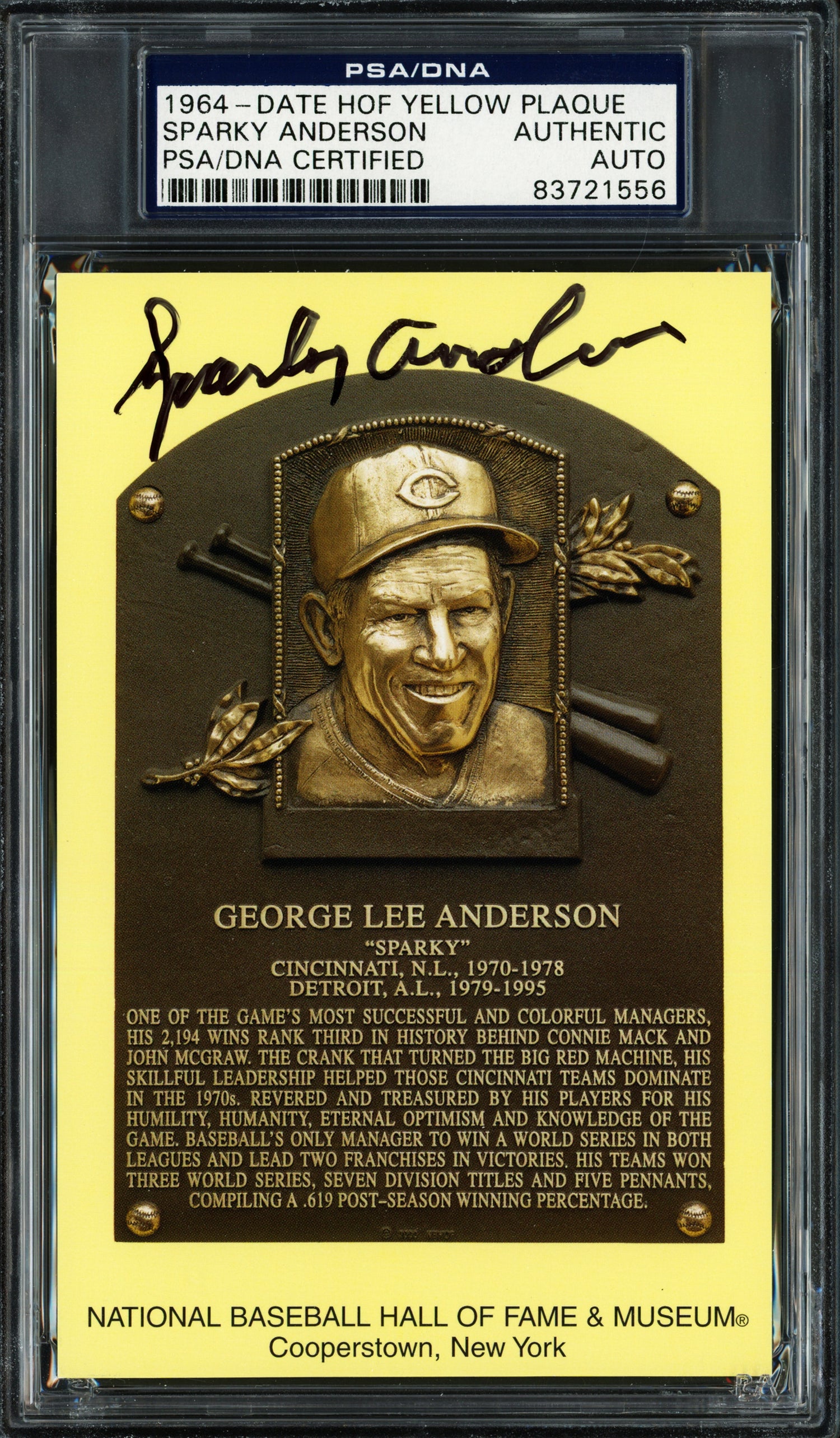 Sparky Anderson Autographed Hall of Fame HOF Plaque Postcard Cincinnati Reds PSA/DNA #83721556