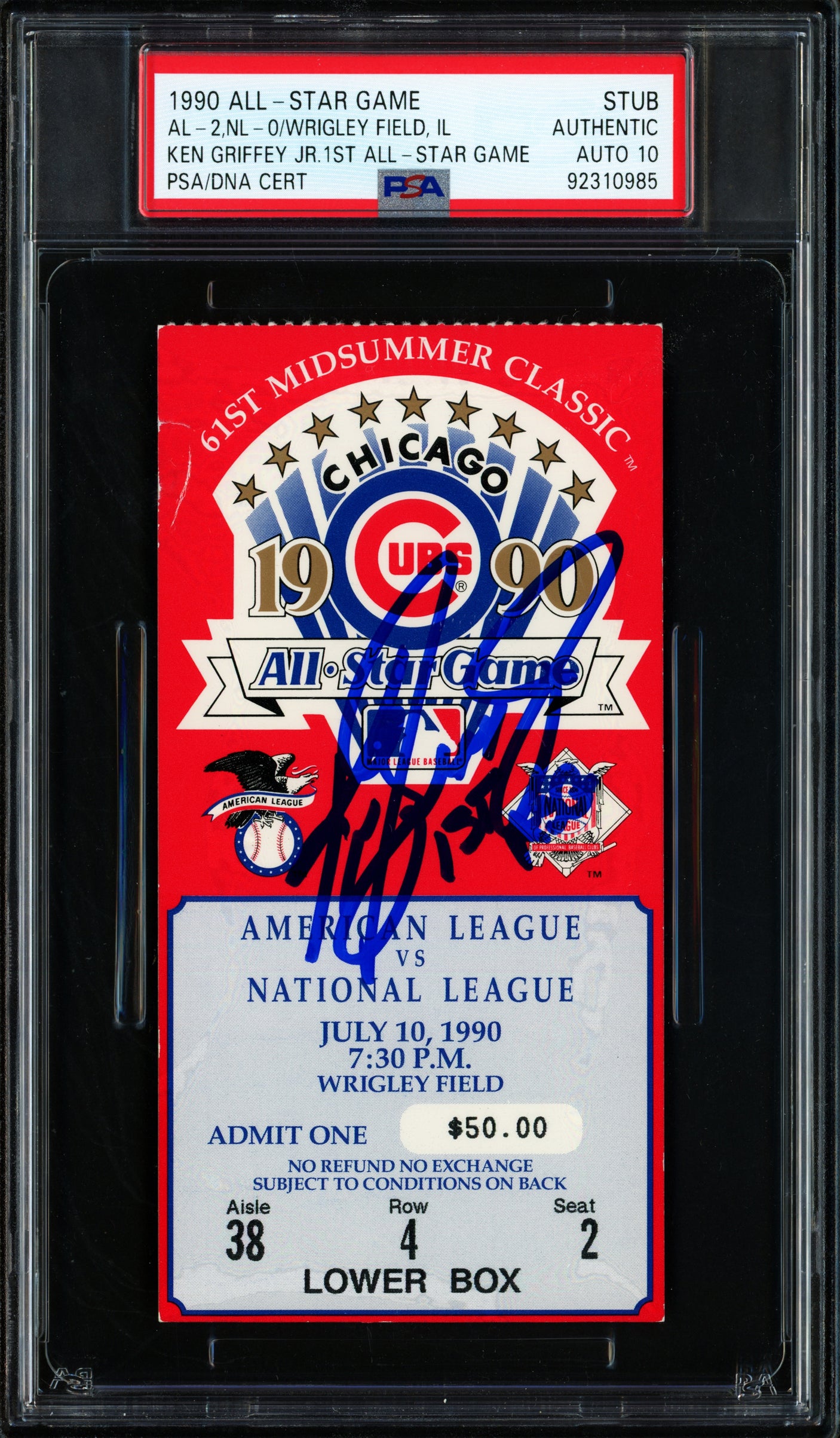 Ken Griffey Jr. Autographed 1990 All-Star Game Ticket Stub Seattle Mariners Auto Grade Gem Mint 10 "1st ASG" PSA/DNA #92310985