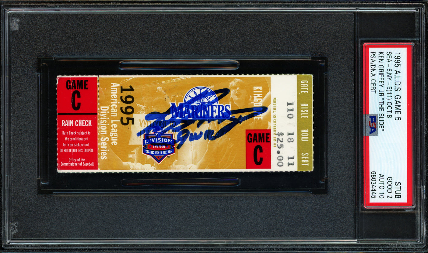 Ken Griffey Jr. Autographed 1995 A.L.D.S. Game 5 - "The Slide" Ticket Stub Seattle Mariners PSA 2 Auto Grade Gem Mint 10 "GWR" PSA/DNA #68034445