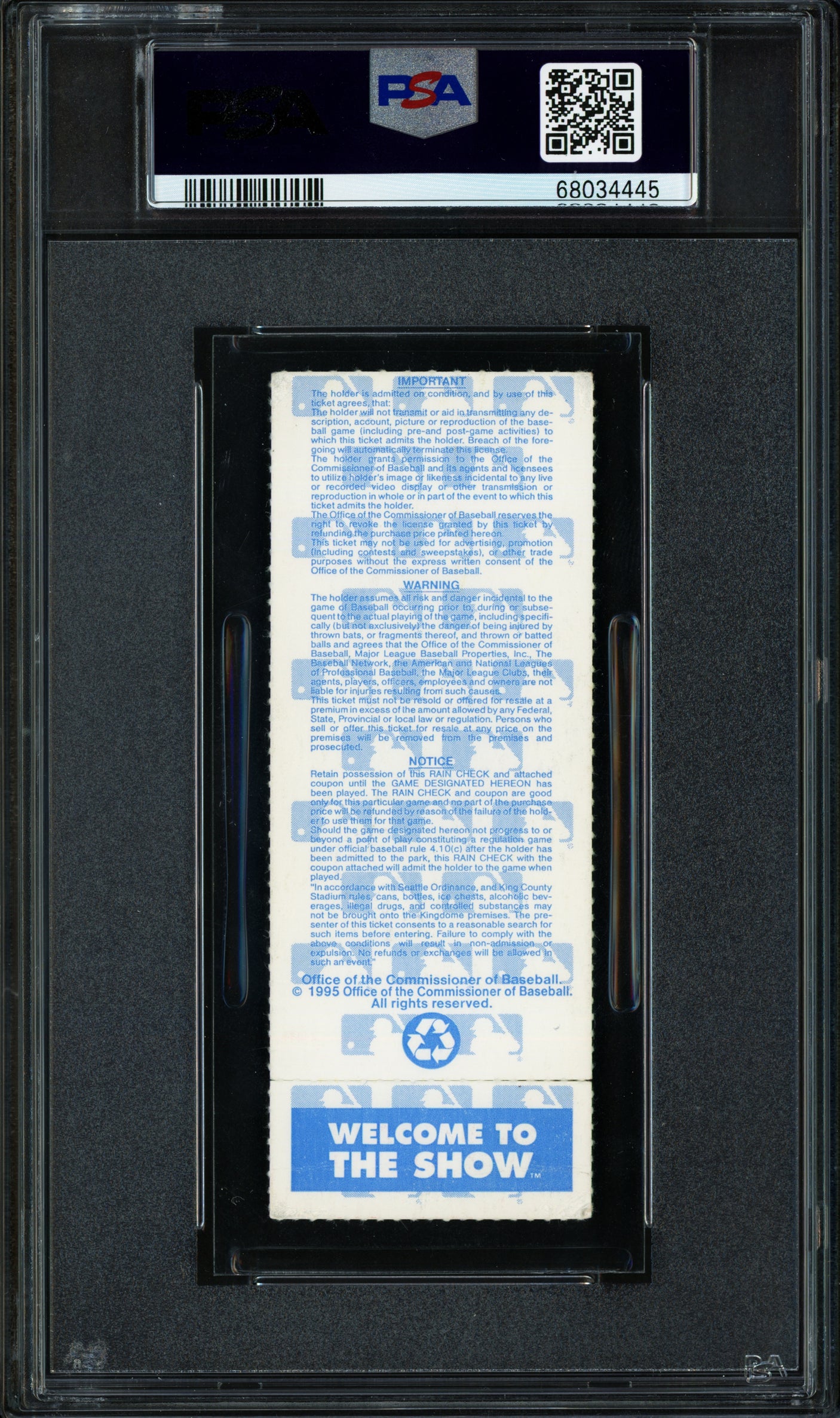 Ken Griffey Jr. Autographed 1995 A.L.D.S. Game 5 - "The Slide" Ticket Stub Seattle Mariners PSA 2 Auto Grade Gem Mint 10 "GWR" PSA/DNA #68034445