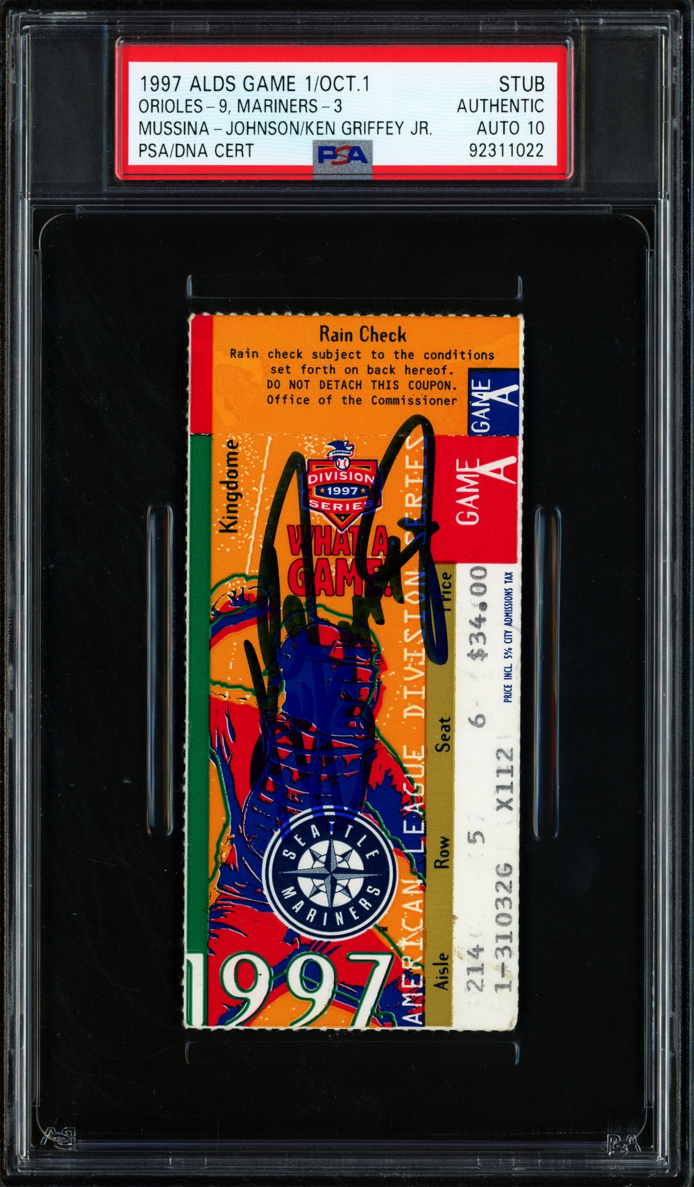 Ken Griffey Jr. Autographed 1997 ALDS Game 1 Ticket Stub Seattle Mariners Auto Grade Gem Mint 10 PSA/DNA #92311022