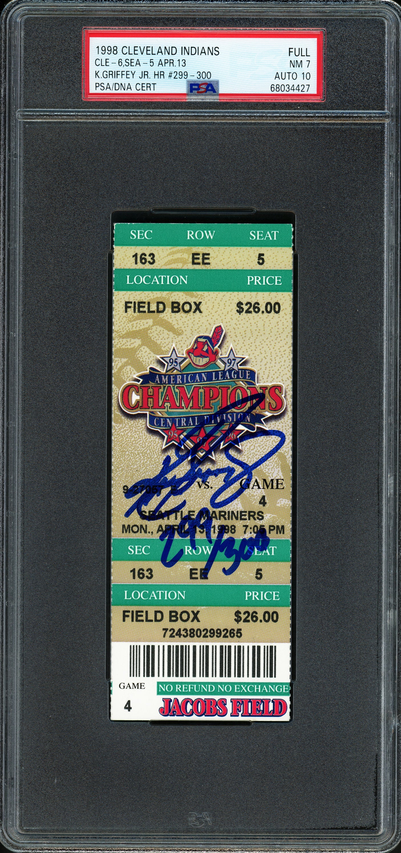 Ken Griffey Jr. Autographed 1998 Cleveland Indians HR #299-300 Ticket Seattle Mariners PSA 7 Auto Grade Gem Mint 10 "299/300" PSA/DNA #68034427
