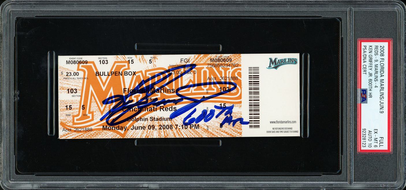 Ken Griffey Jr. Autographed 2008 Florida Marlins HR #600 Ticket Seattle Mariners PSA 6 Auto Grade Gem Mint 10 "600th HR" PSA/DNA #92328123