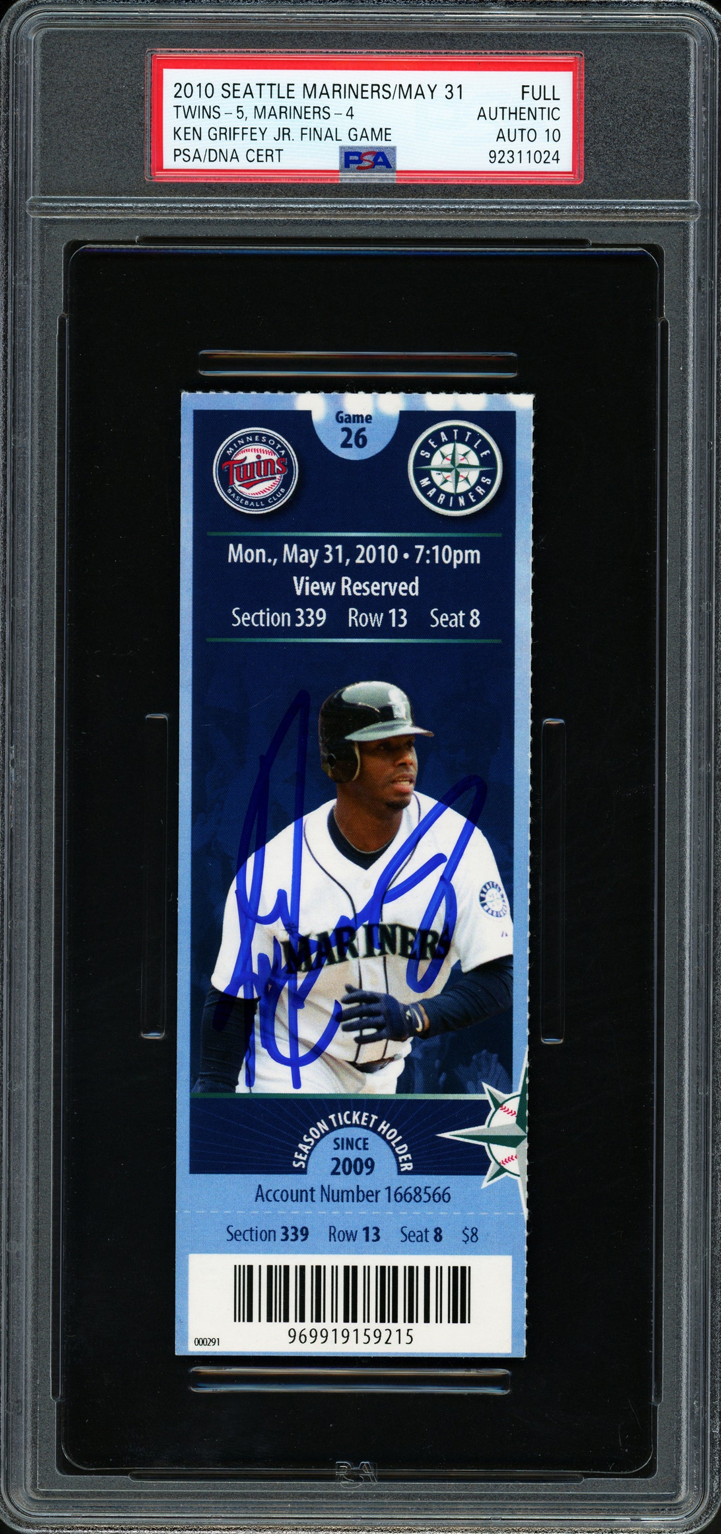 Ken Griffey Jr. Autographed 2010 Final Game Ticket Seattle Mariners Auto Grade Gem Mint 10 PSA/DNA #92311024