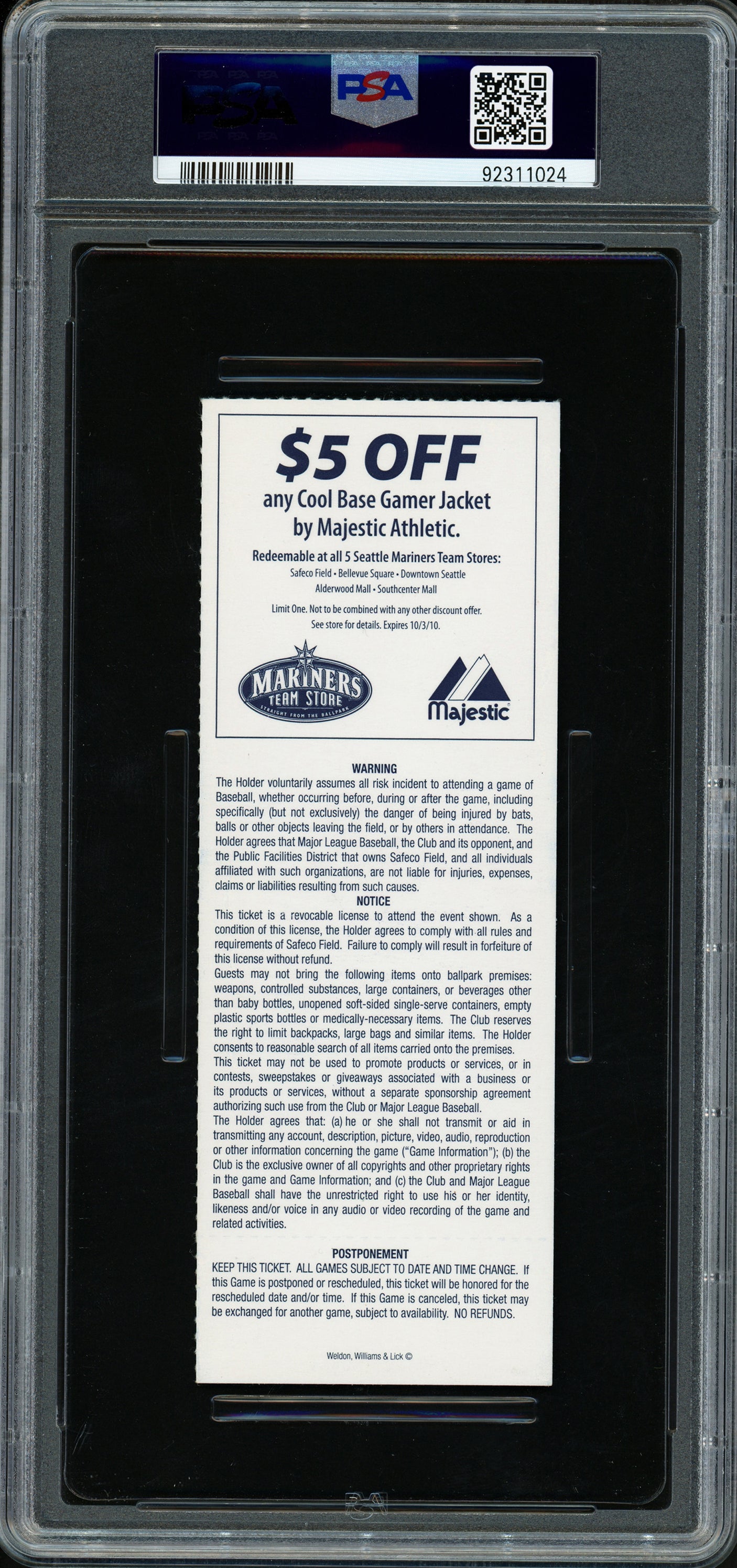 Ken Griffey Jr. Autographed 2010 Final Game Ticket Seattle Mariners Auto Grade Gem Mint 10 PSA/DNA #92311024