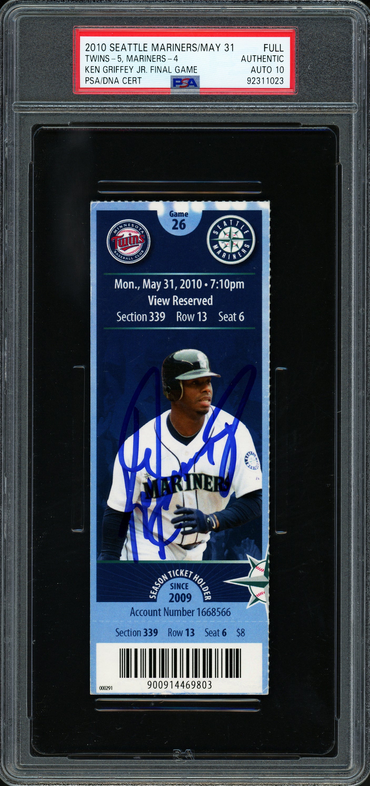 Ken Griffey Jr. Autographed 2010 Final Game Ticket Seattle Mariners Auto Grade Gem Mint 10 PSA/DNA #92311023