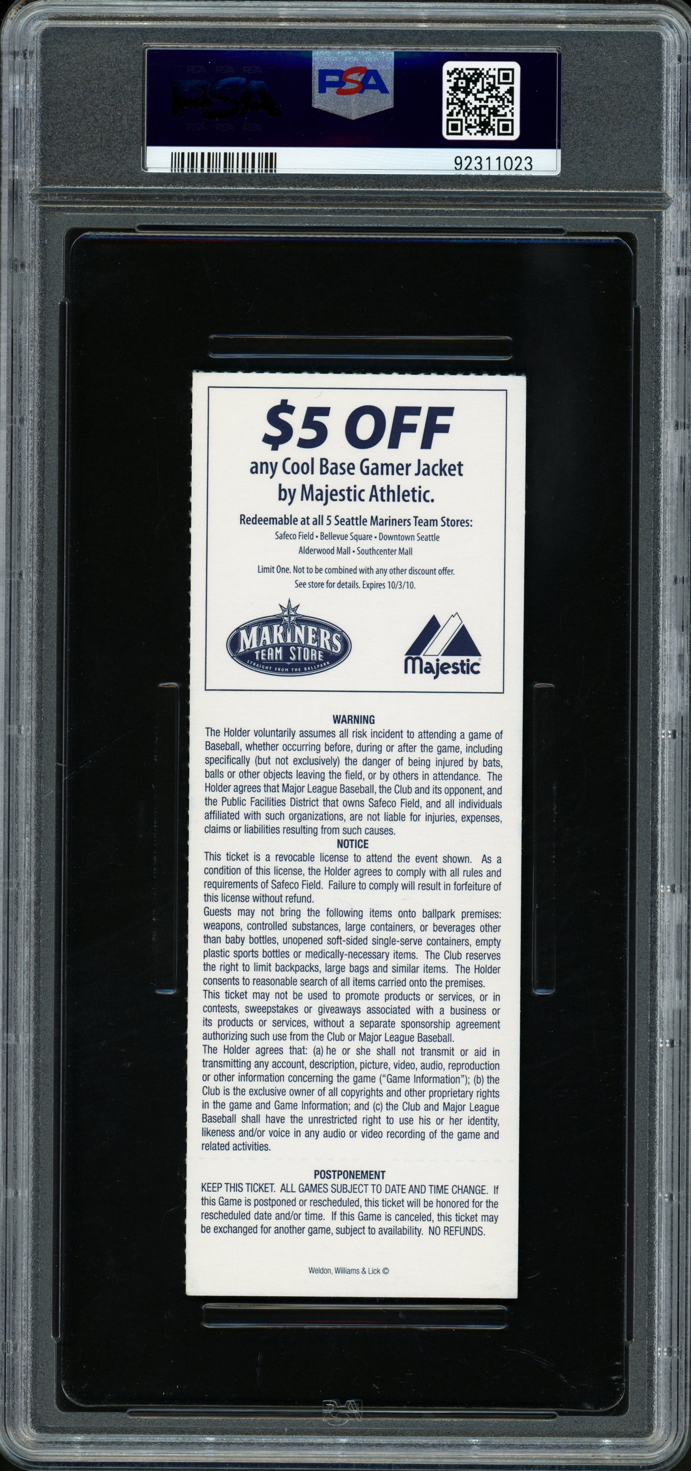Ken Griffey Jr. Autographed 2010 Final Game Ticket Seattle Mariners Auto Grade Gem Mint 10 PSA/DNA #92311023