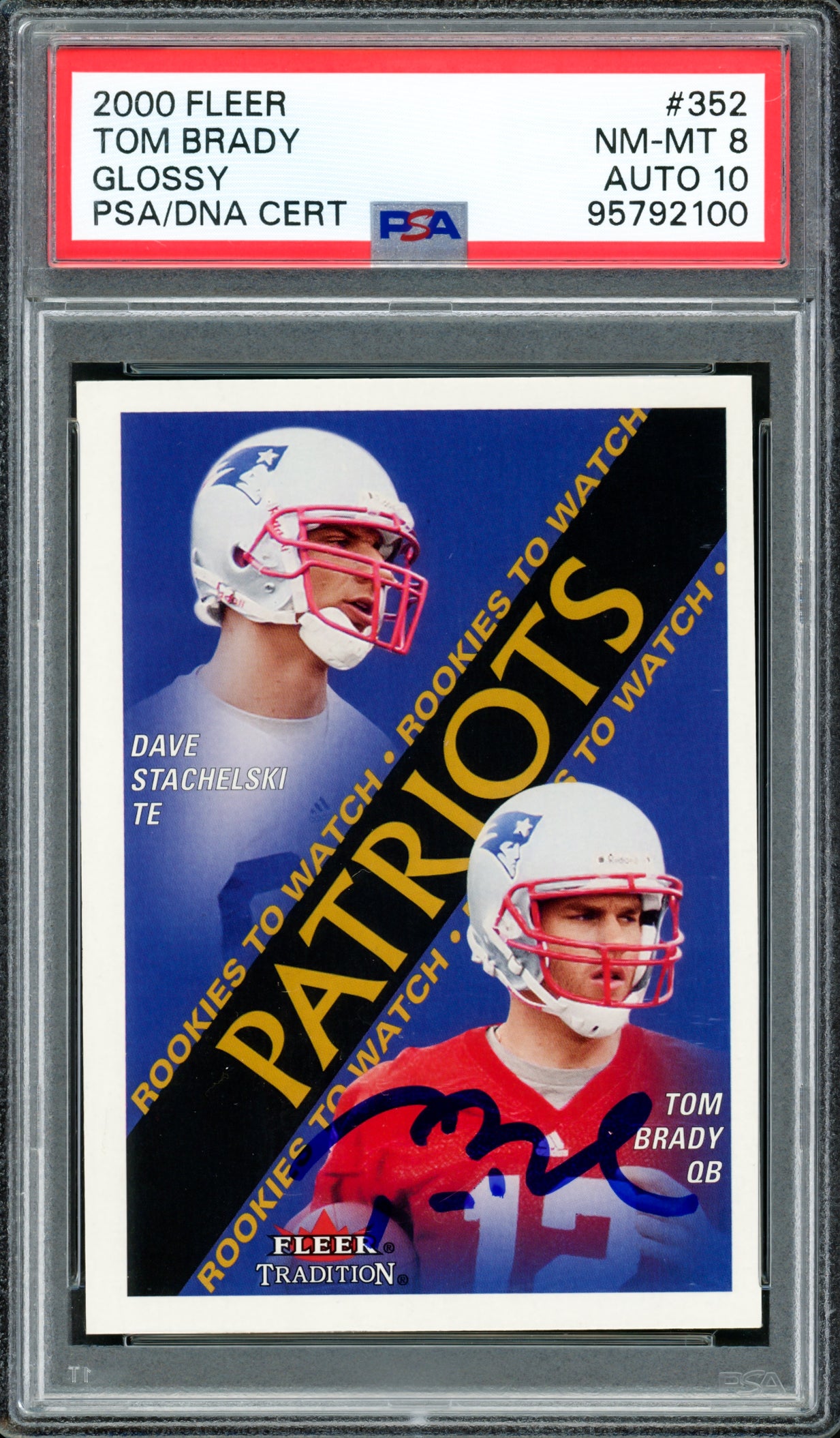 Tom Brady Autographed 2000 Fleer Glossy Rookie Card #352 New England Patriots PSA 8 Auto Grade Gem Mint 10 PSA/DNA #95792100