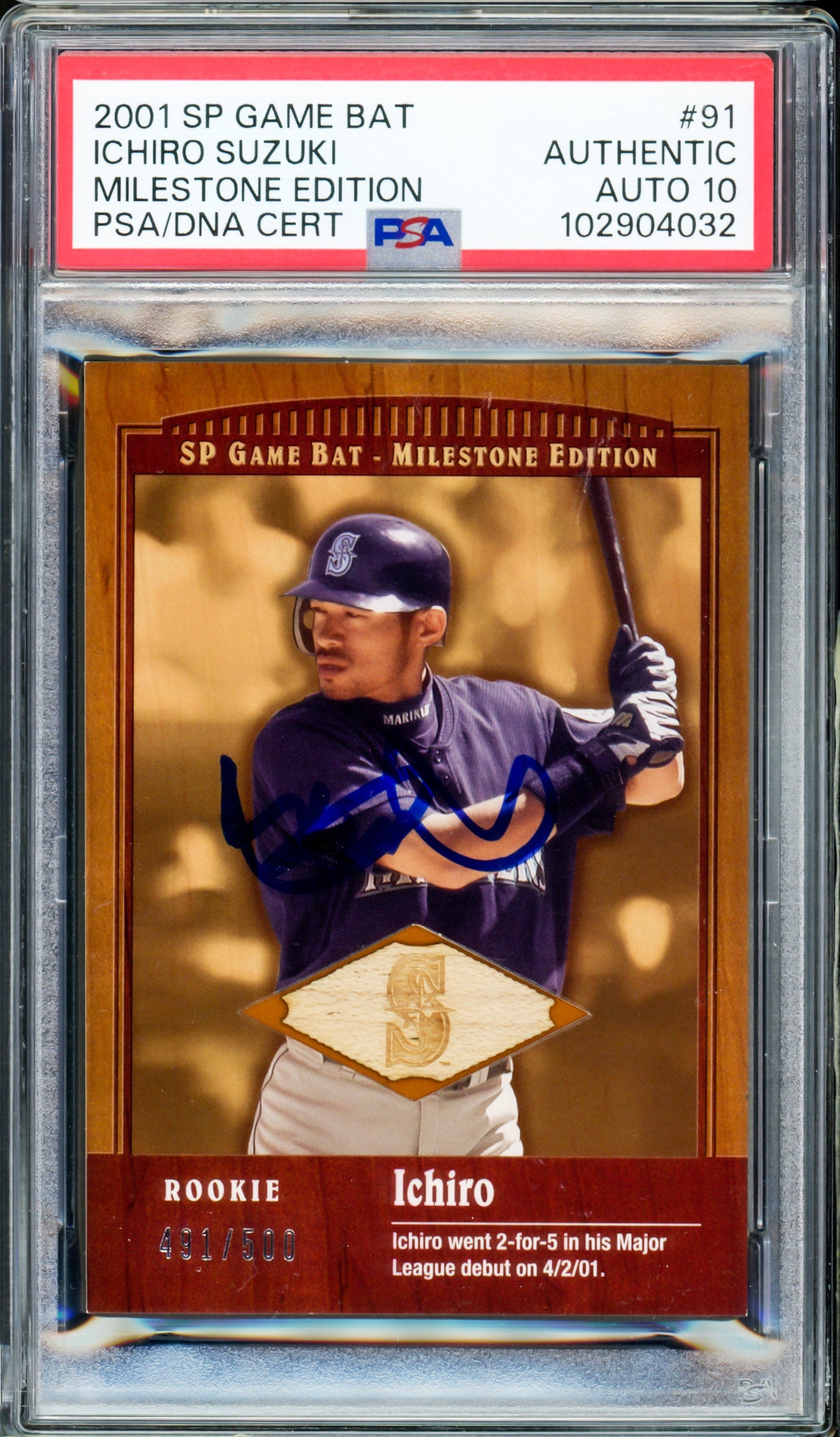 Ichiro Suzuki Autographed 2001 SP Game Bat Rookie Card #91 Seattle Mariners Auto Grade Gem Mint 10 Milestone Edition #491/500 PSA/DNA #102904032