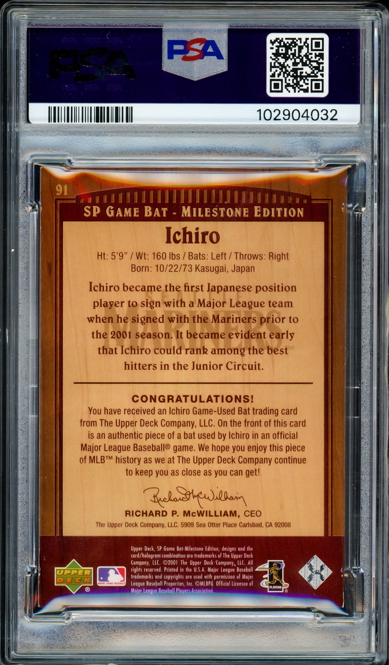 Ichiro Suzuki Autographed 2001 SP Game Bat Rookie Card #91 Seattle Mariners Auto Grade Gem Mint 10 Milestone Edition #491/500 PSA/DNA #102904032