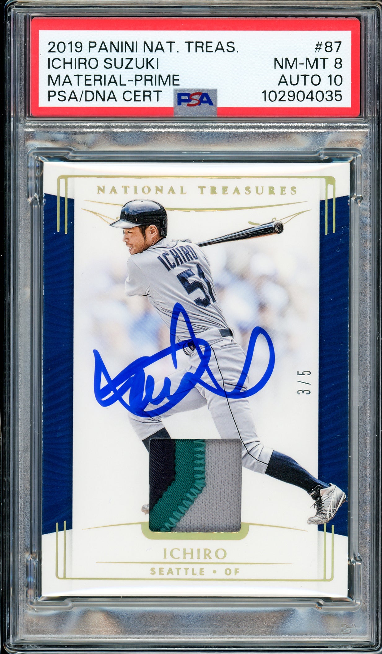 Ichiro Suzuki Autographed 2019 Panini National Treasures Game Used Patch Card #87 Seattle Mariners PSA 8 Auto Grade Gem Mint 10 #3/5 PSA/DNA #102904035