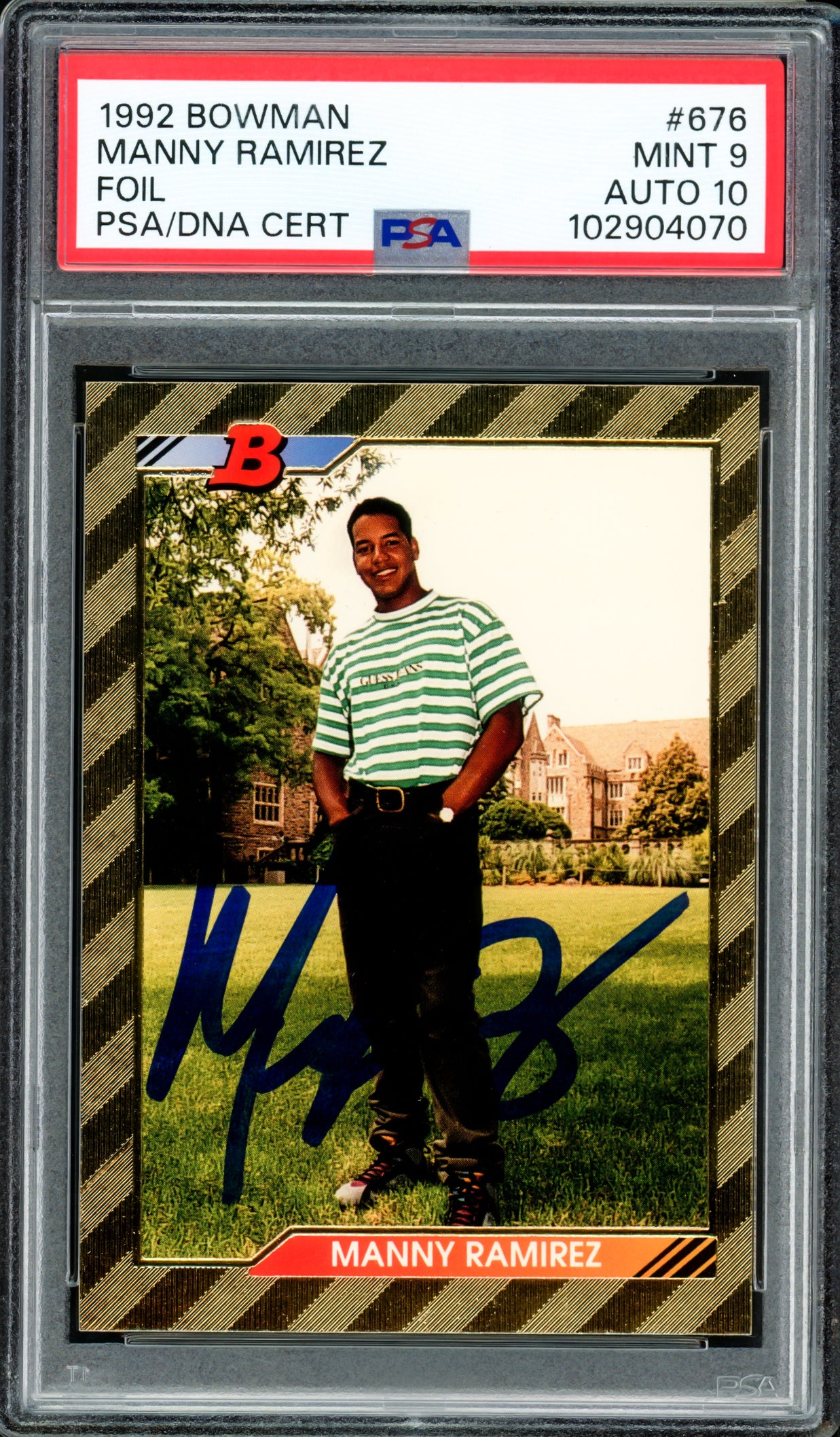 Manny Ramirez Autographed 1992 Bowman Foil Rookie Card #676 Boston Red Sox PSA 9 Auto Grade Gem Mint 10 PSA/DNA #102904070