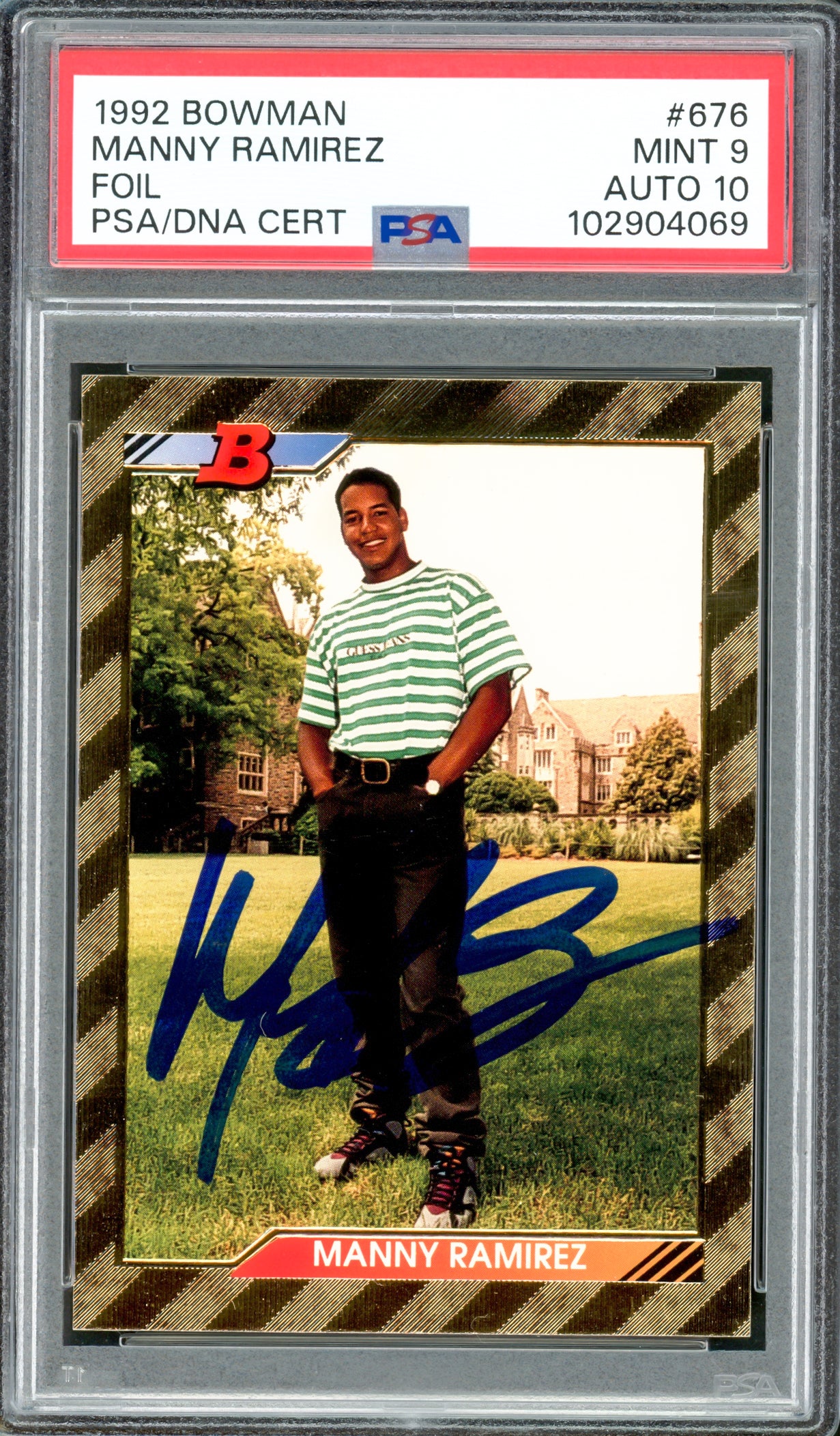 Manny Ramirez Autographed 1992 Bowman Foil Rookie Card #676 Boston Red Sox PSA 9 Auto Grade Gem Mint 10 PSA/DNA #102904069