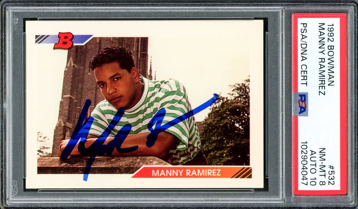 Manny Ramirez Autographed 1992 Bowman Rookie Card #532 Boston Red Sox PSA 8 Auto Grade Gem Mint 10 PSA/DNA #102904047