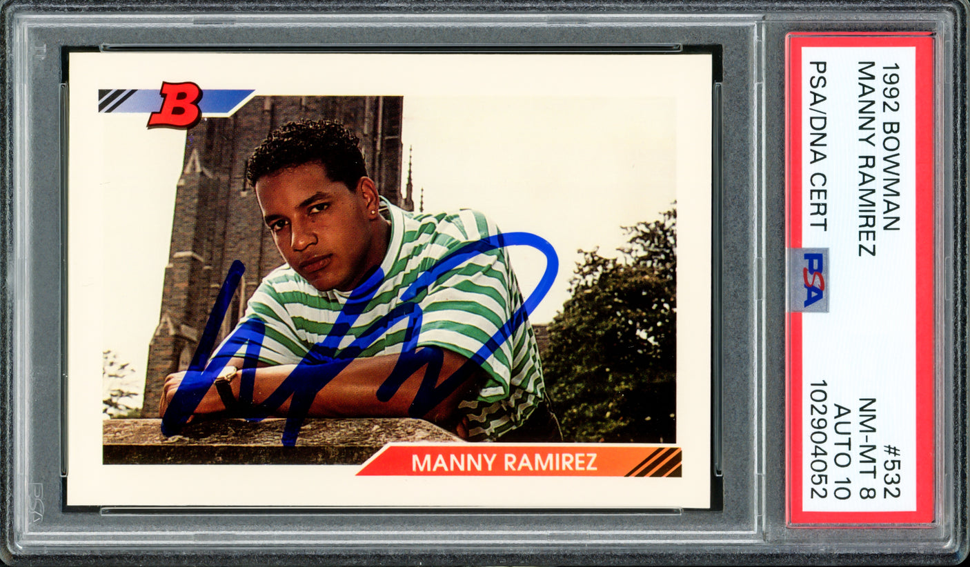 Manny Ramirez Autographed 1992 Bowman Rookie Card #532 Boston Red Sox PSA 8 Auto Grade Gem Mint 10 PSA/DNA #102904052