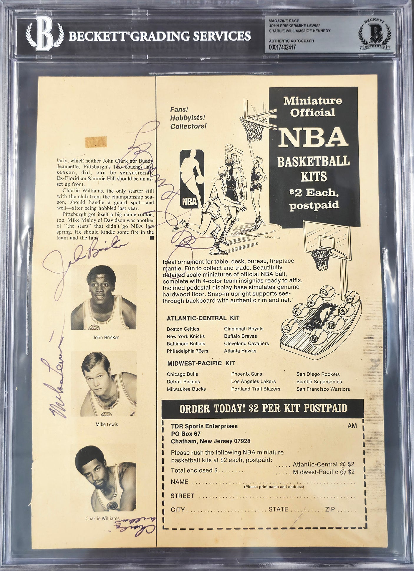 John Brisker Autographed 1970-71 8x11 Magazine Page Photo Pittsburgh Condors With 4 Total Signatures Beckett BAS #17402417