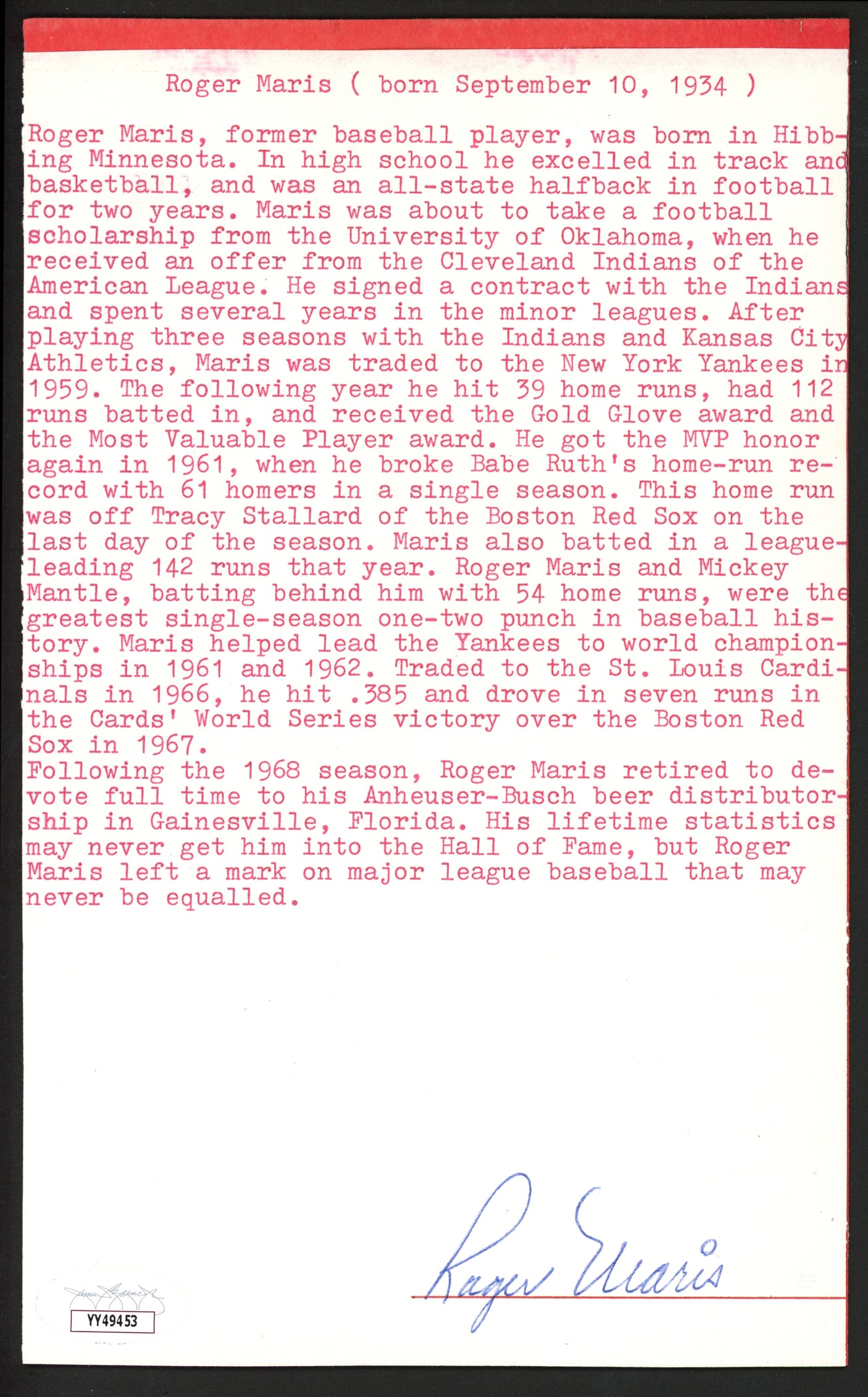 Roger Maris Autographed 5.5x8.5 Cut Signature New York Yankees Biography JSA #YY49453